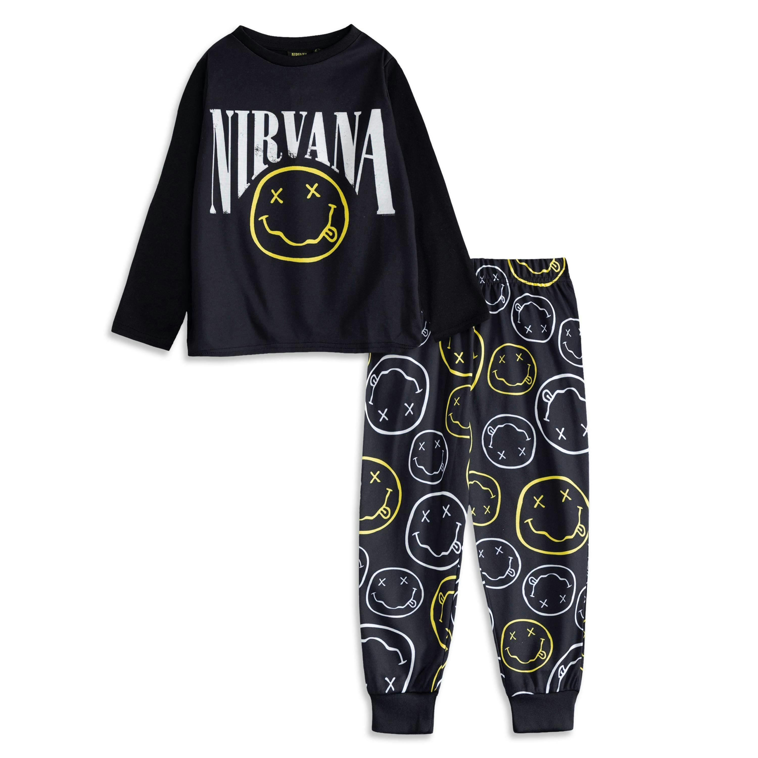 Nirvana Unisex Kids Black Logo Long Sleeve Long Leg Pyjama Set by Vanilla Underground , view 1 of 6