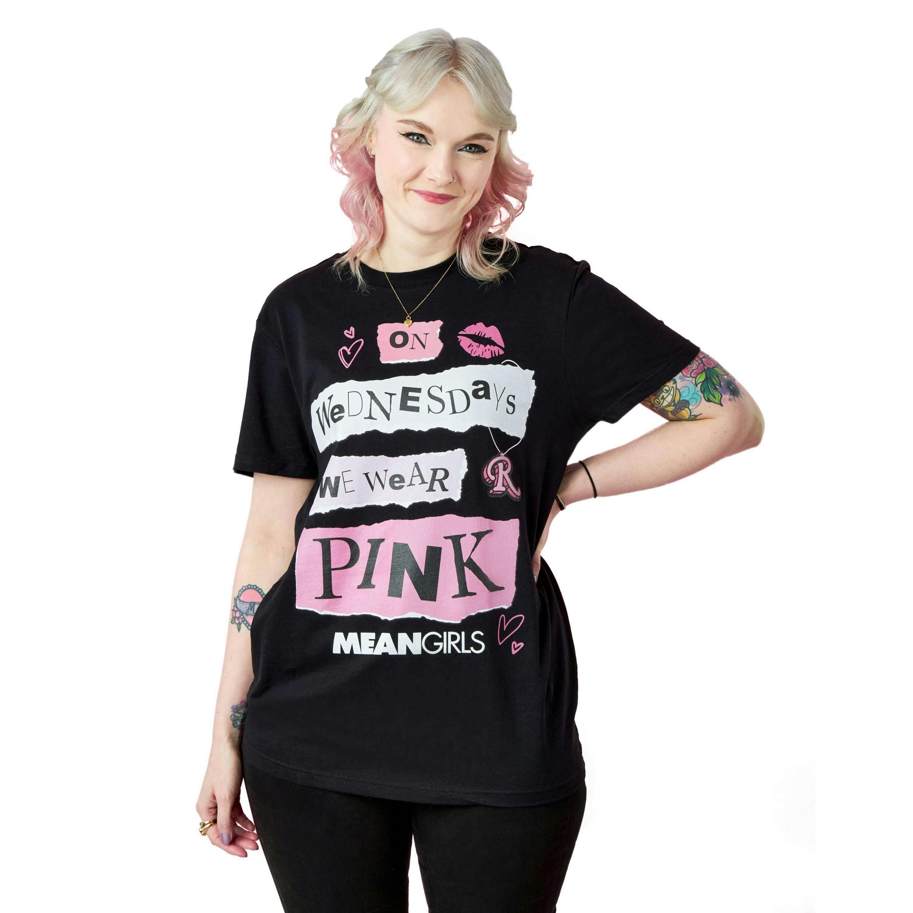 Mean Girls Womens Black Pink Wednesdays Short Sleeved T-Shirt by Vanilla Underground , view 1 of 4