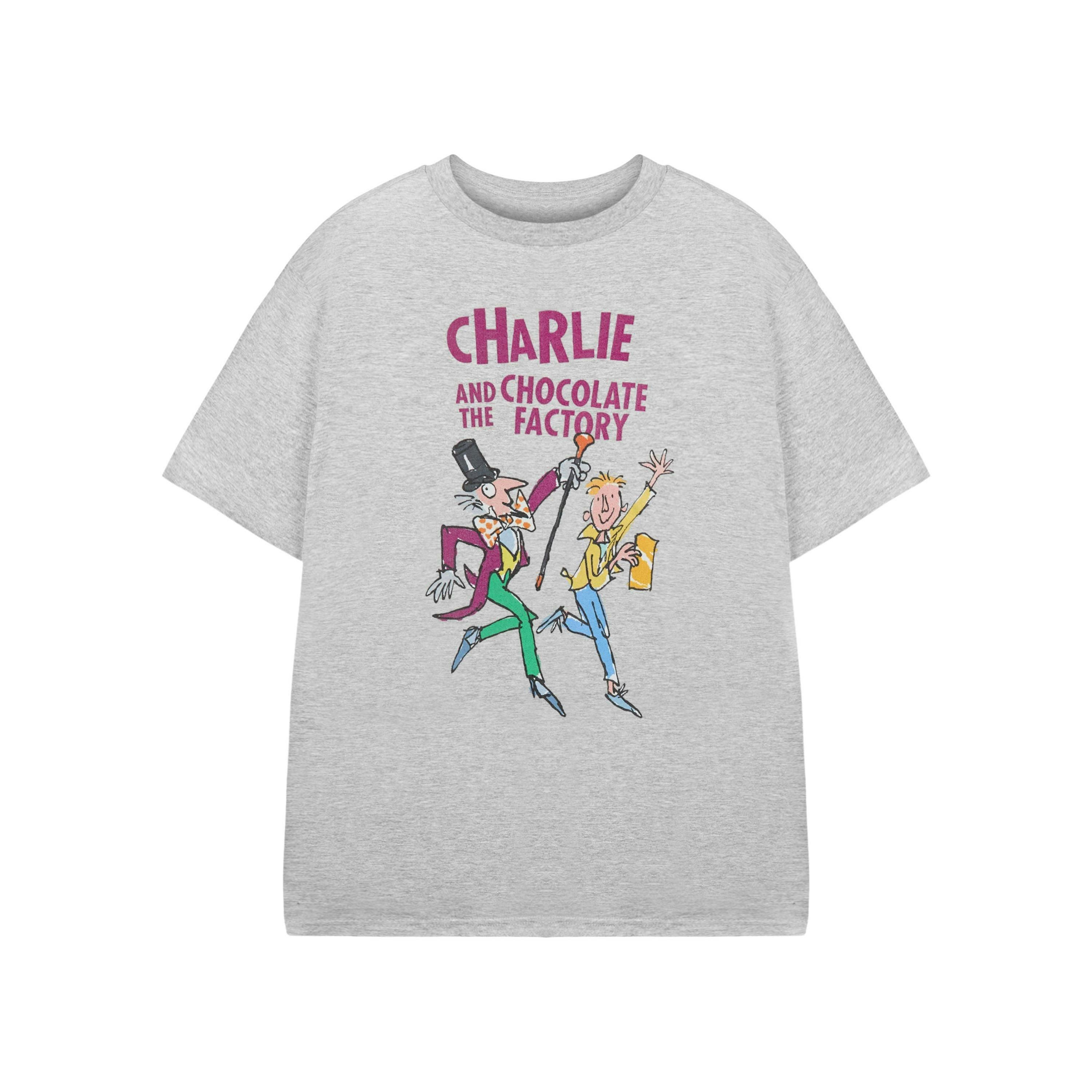 Roald Dahl Unisex Kids Grey Charlie and The Chocolate Factory Short Sleeved T-Shirt by Vanilla Underground , view 1 of 2