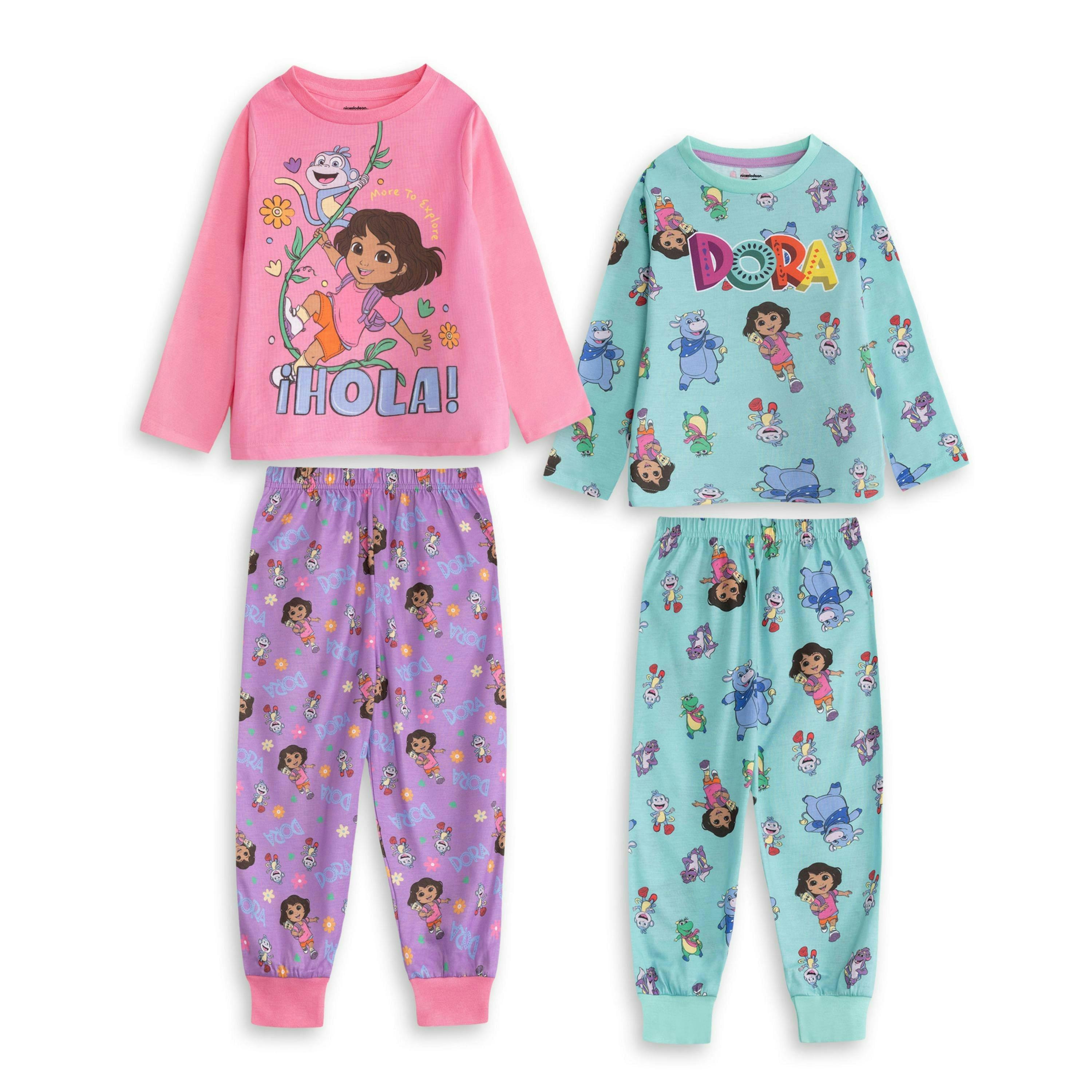 Dora The Explorer Unisex Kids Multicoloured Character Multi-Pack of 2 Long Sleeve Long Leg Pyjama Set by Vanilla Underground , view 1 of 6