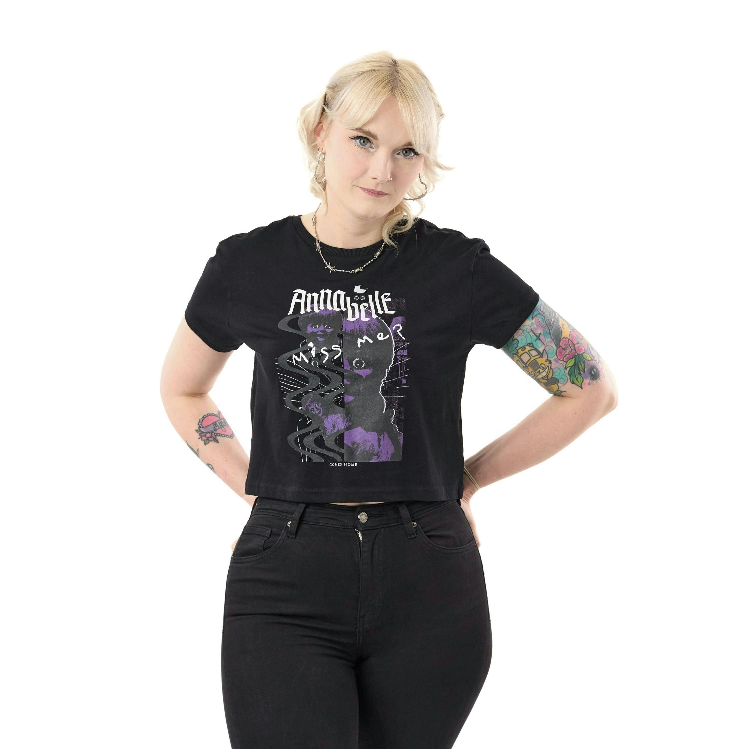 Annabelle Womens Black Character Cropped Short Sleeved T-Shirt by Vanilla Underground , view 1 of 4