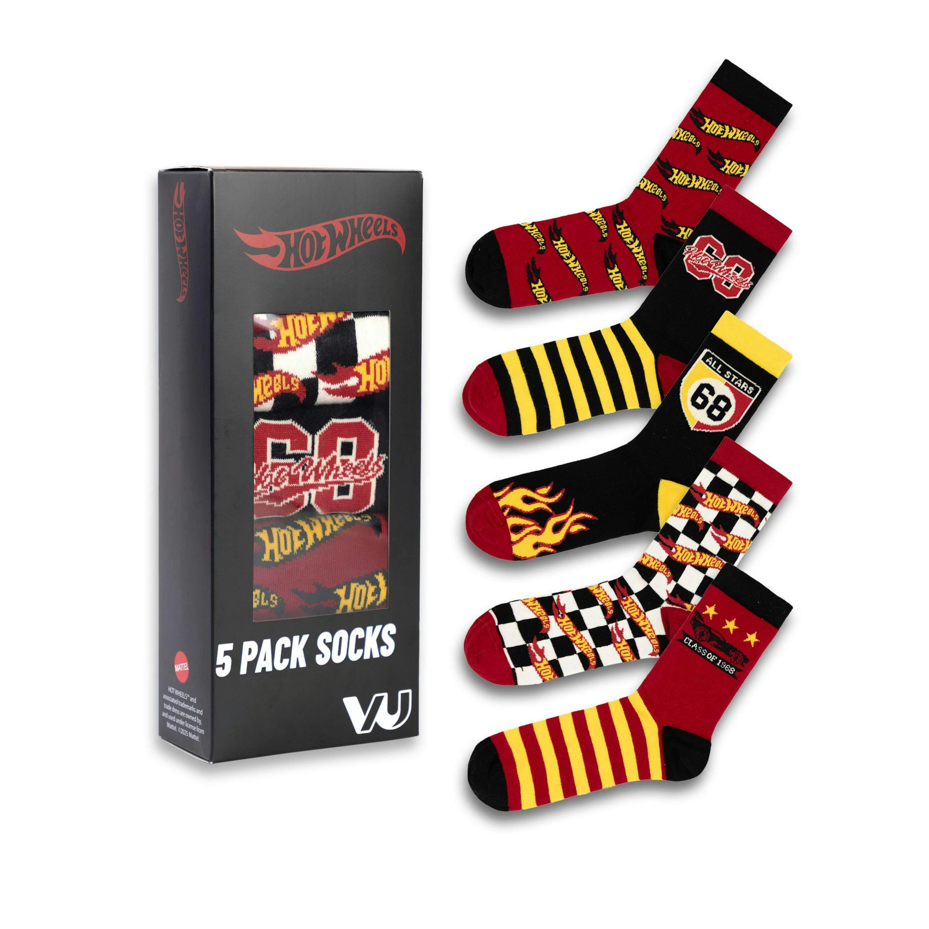 Hot Wheels Mens Multicoloured Checkerboard and Flames Calf Socks Set of 5 by Vanilla Underground , view 1 of 6