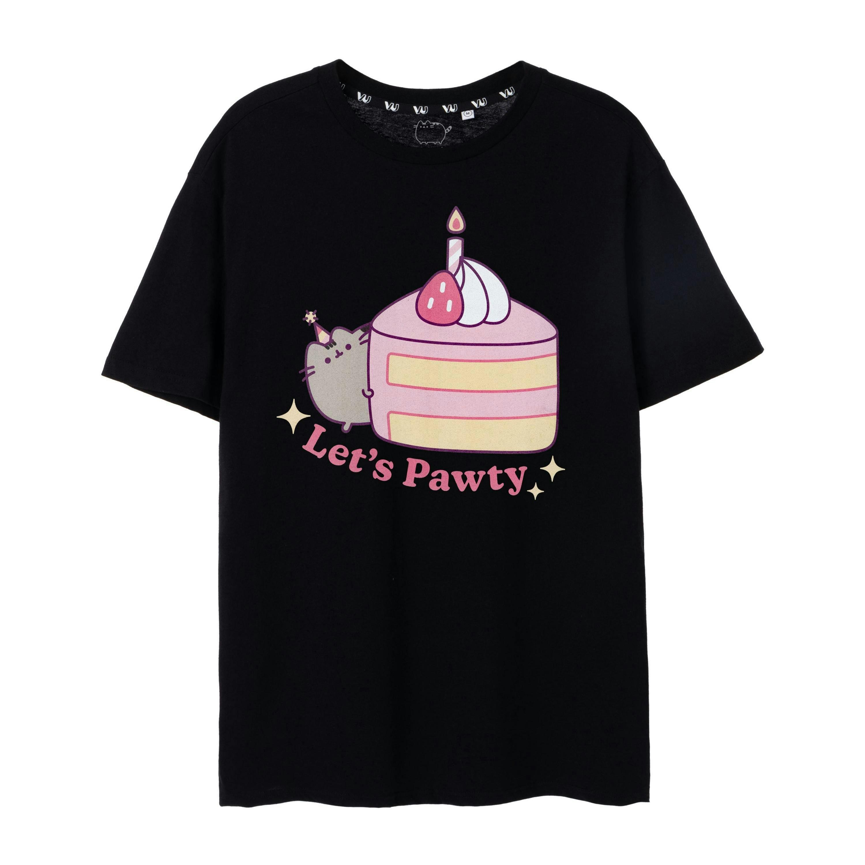 Pusheen Womens Black Let's Pawty Short Sleeved T-Shirt by Vanilla Underground , view 1 of 6