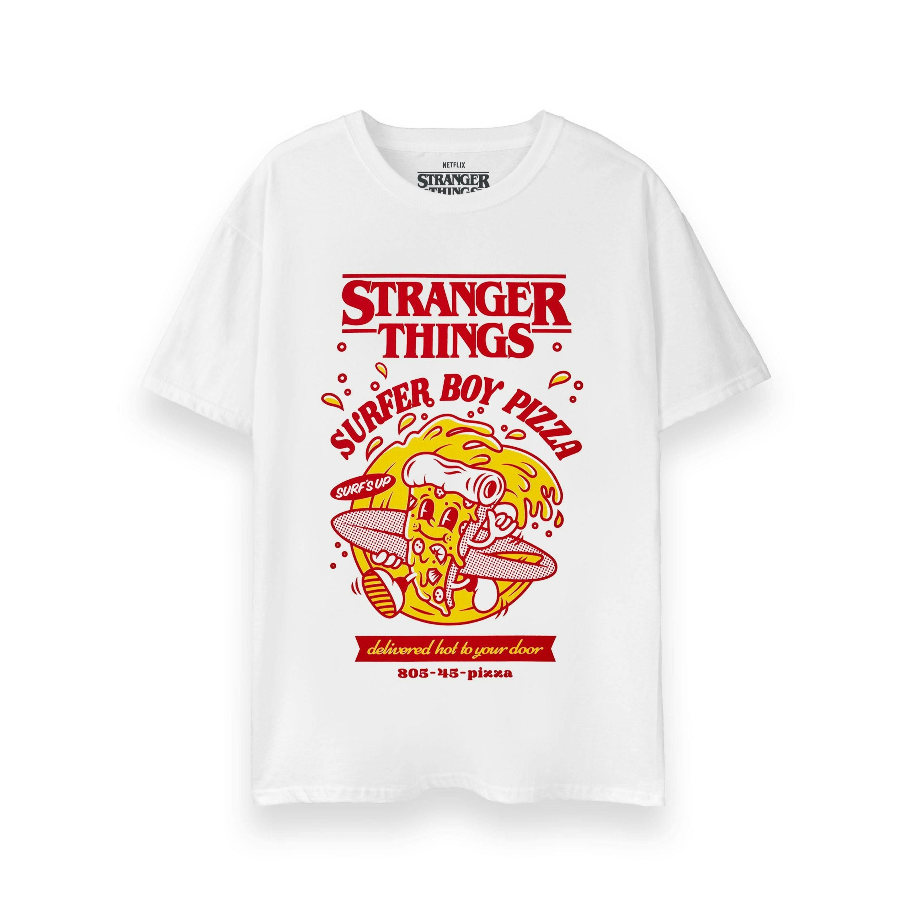 Stranger Things Unisex White Surfer Boy Pizza Short Sleeved T-Shirt by Vanilla Underground , view 1 of 4