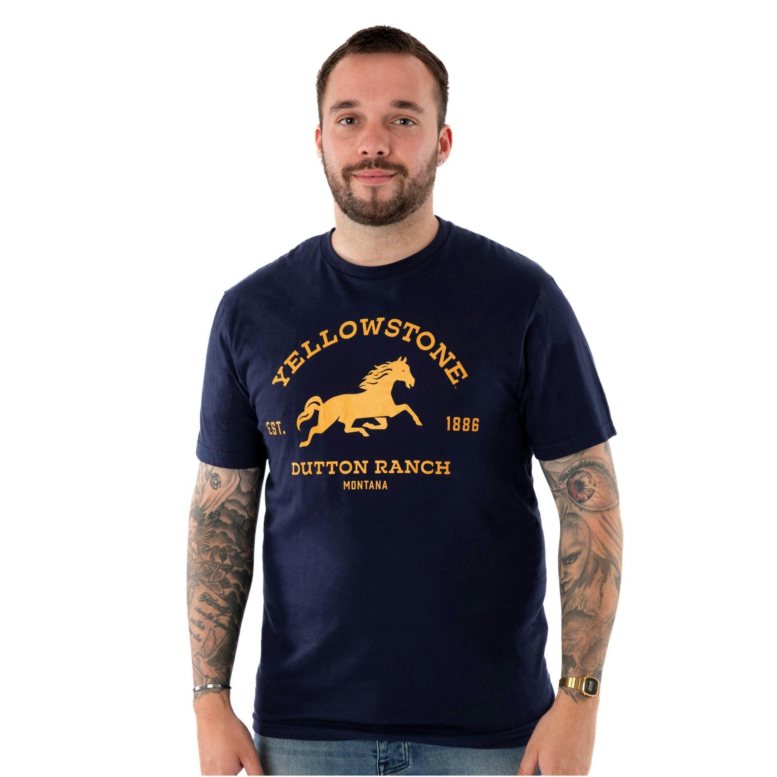 Yellowstone Mens Blue Dutton Ranch Logo Short Sleeved T-Shirt by Vanilla Underground , view 1 of 6
