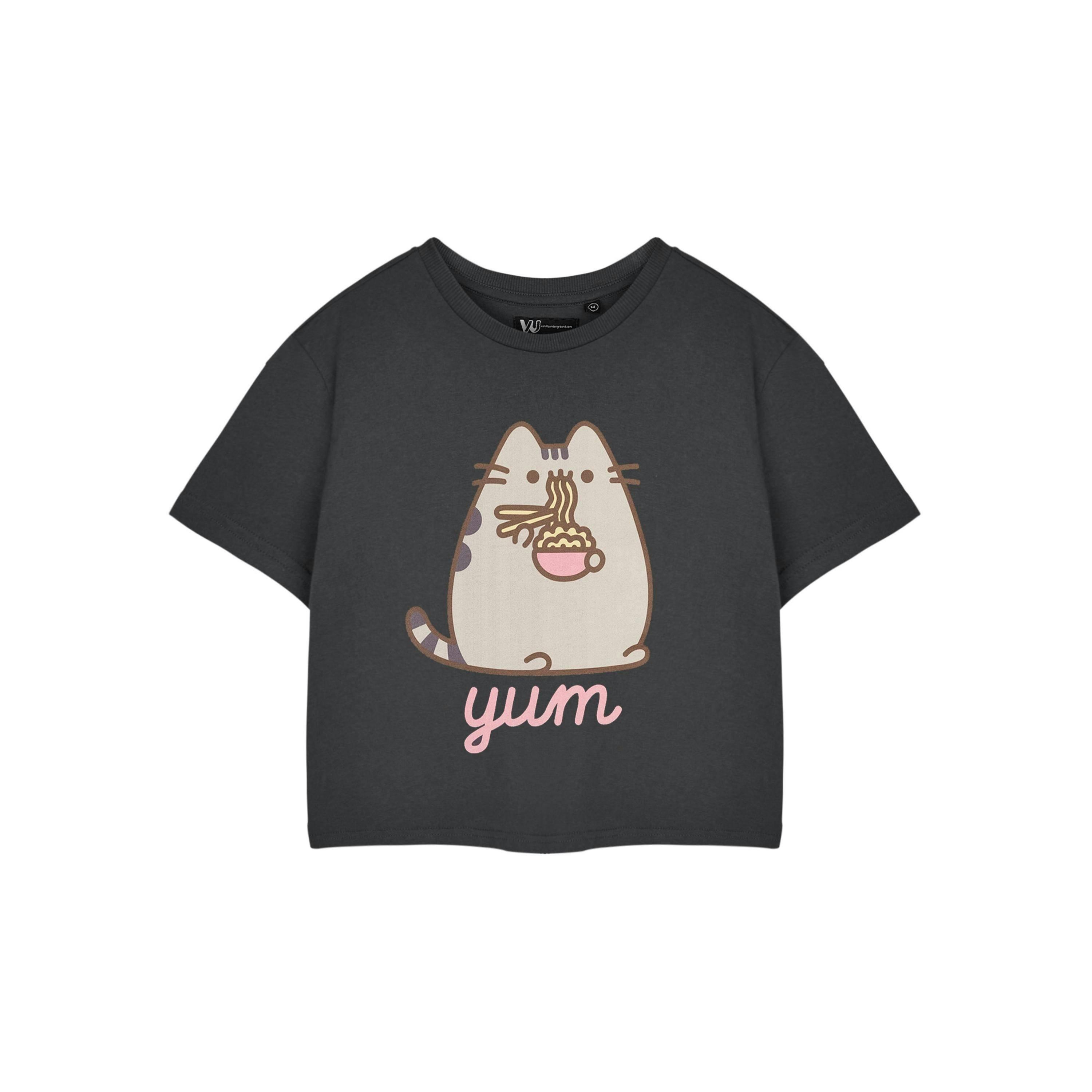 Pusheen Womens Grey Yum Noodles Cropped Short Sleeved T-Shirt by Vanilla Underground , view 1 of 6