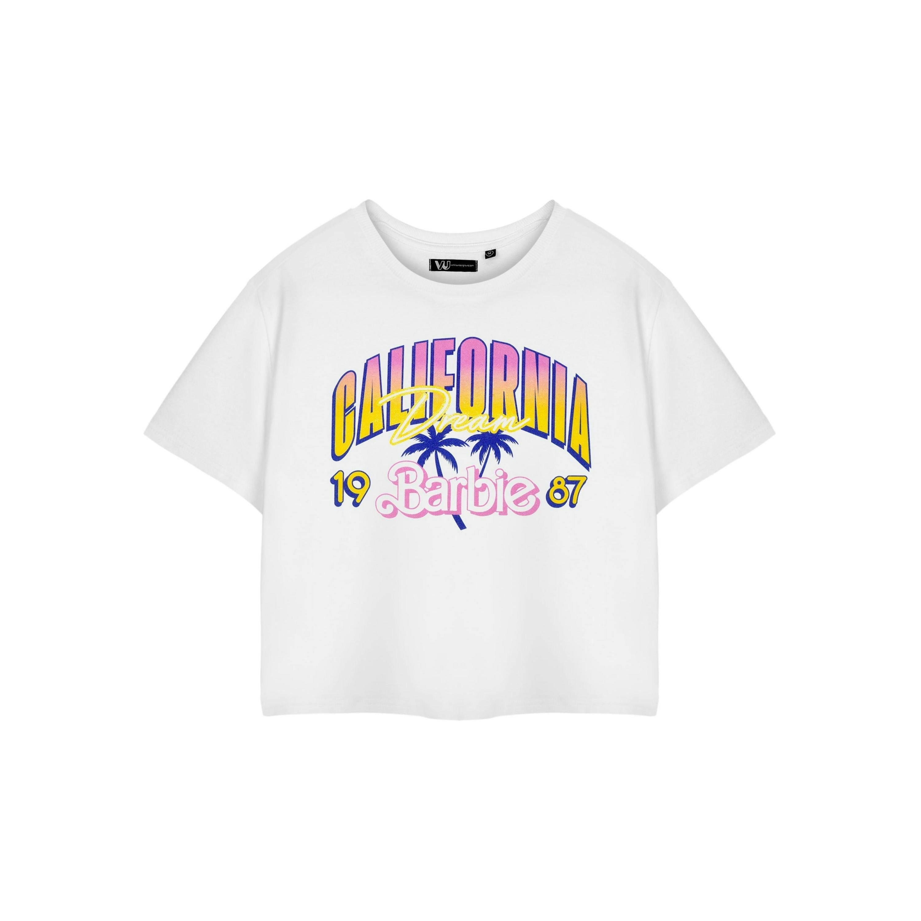 Barbie Womens White California Dream Cropped Short Sleeved T-Shirt by Vanilla Underground , view 1 of 5