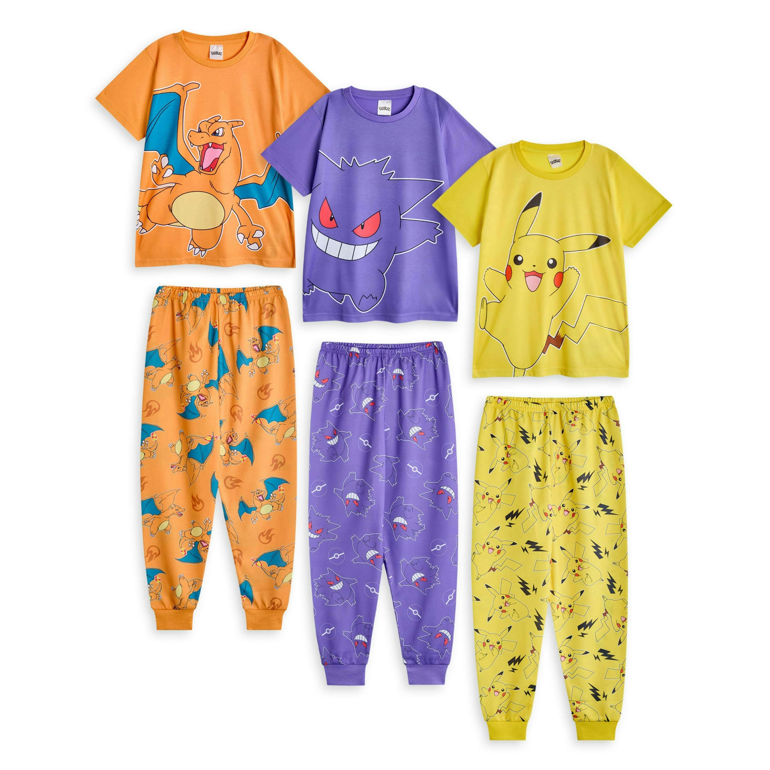 Pokemon Boys Multicoloured Pikachu, Gengar, Charizard Multi-Pack of 3 Short Sleeve Long Leg Pyjama Set by Vanilla Underground , view 1 of 6