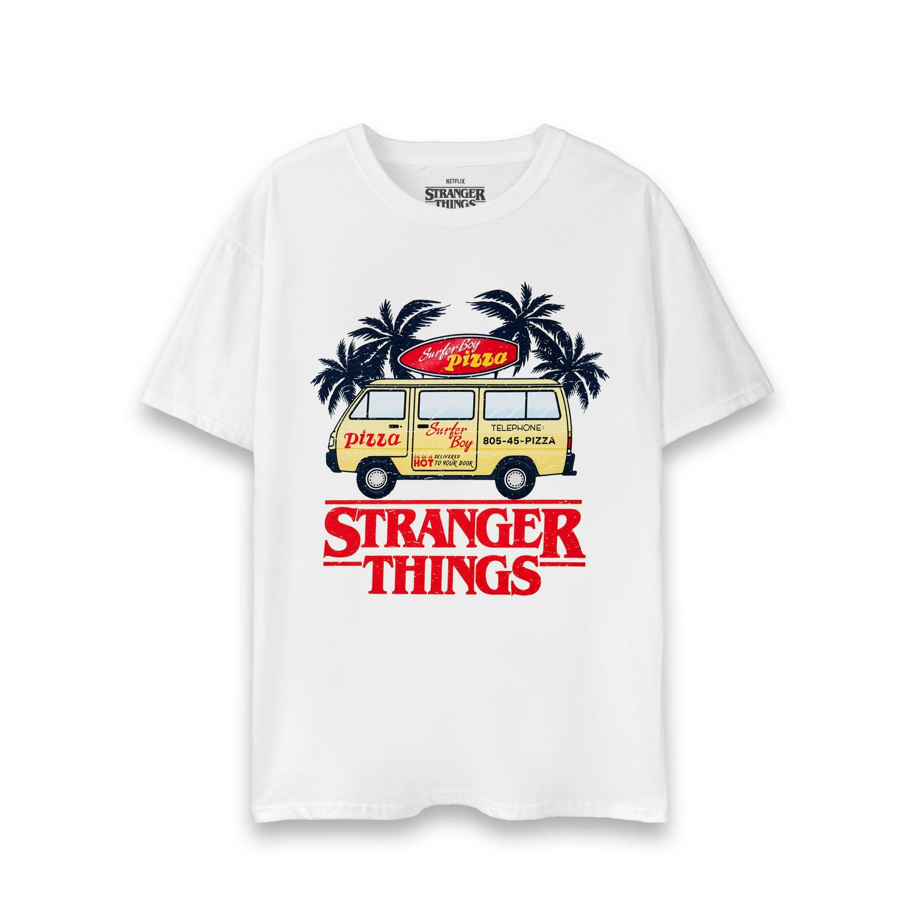 Stranger Things Unisex White Pizza Van Short Sleeved T-Shirt by Vanilla Underground , view 1 of 6