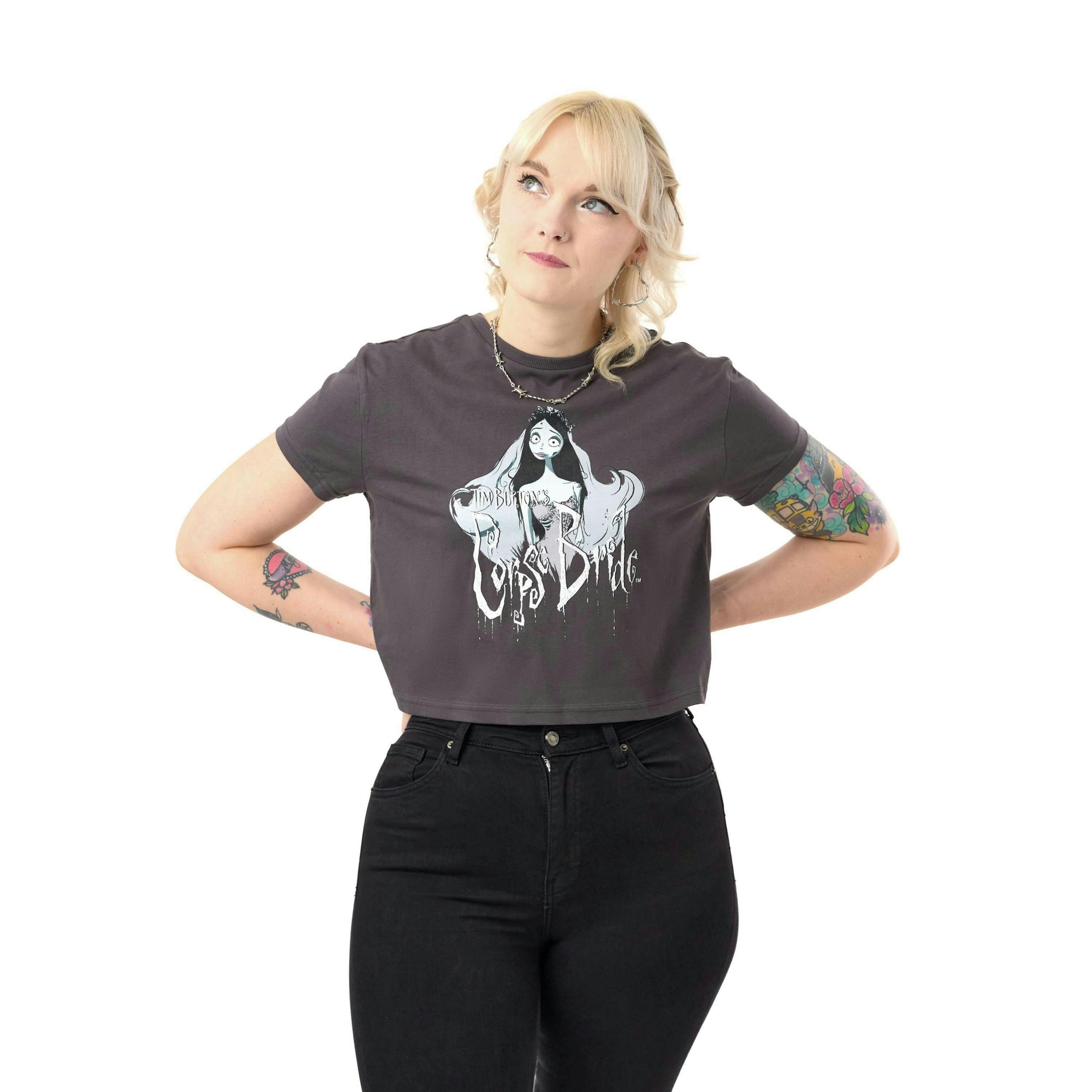 Corpse Bride Womens Grey Character Cropped Short Sleeved T-Shirt by Vanilla Underground , view 1 of 4