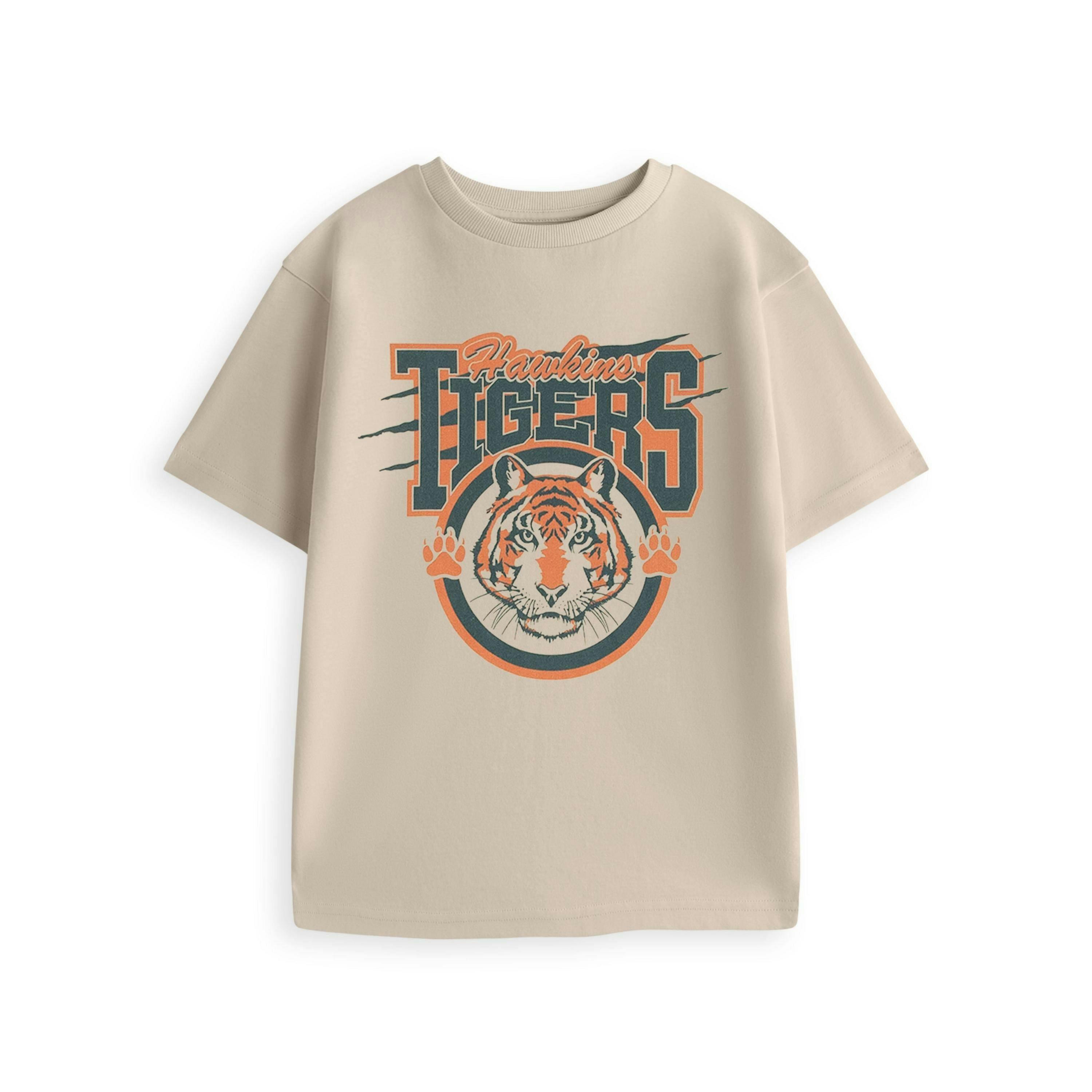 Stranger Things Unisex Kids Beige Hawkins Tigers Short Sleeved T-Shirt by Vanilla Underground , view 1 of 4