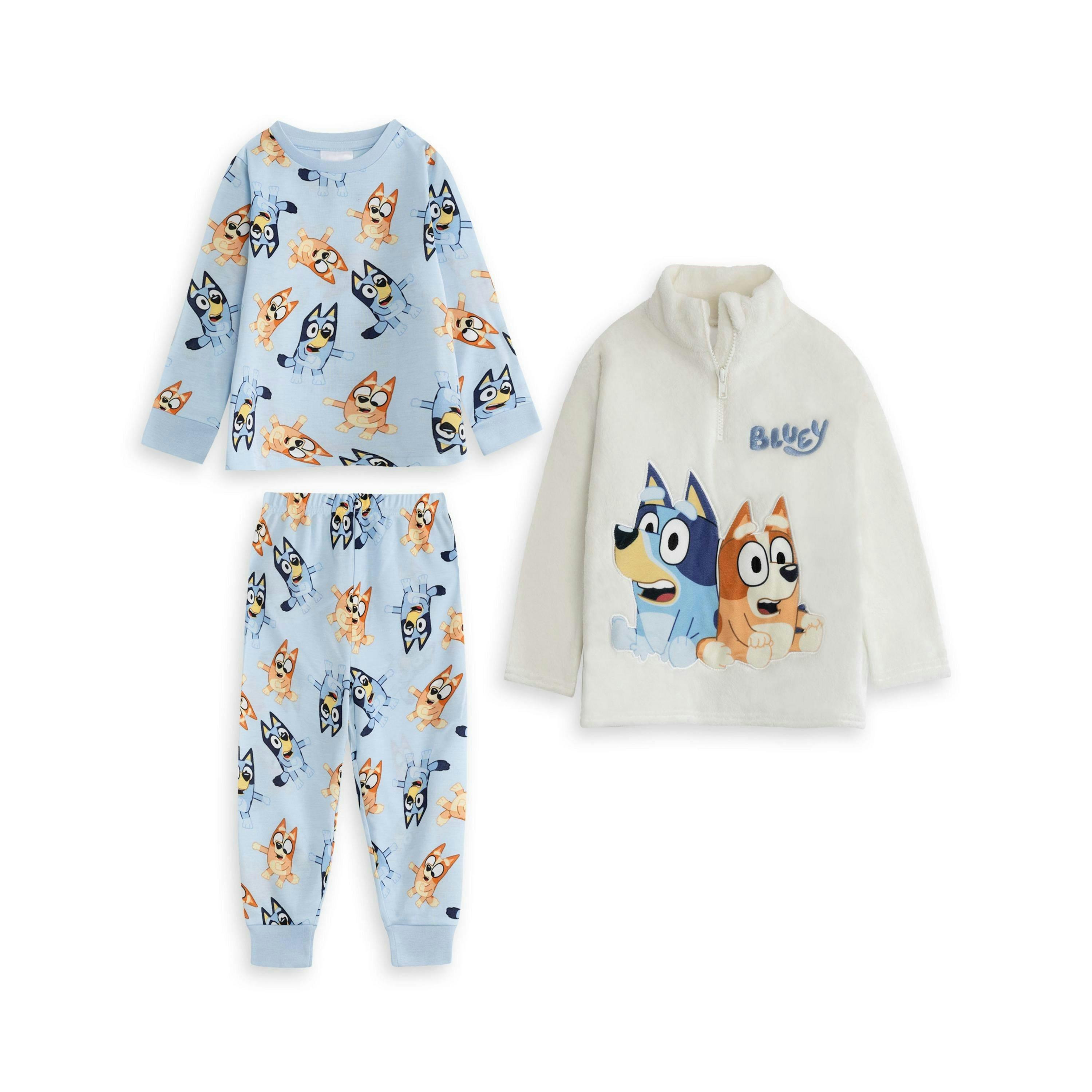 Bluey Boys Blue Character Long Sleeve Long Leg Pyjama and Jumper 3 Piece Set by Vanilla Underground , view 1 of 6