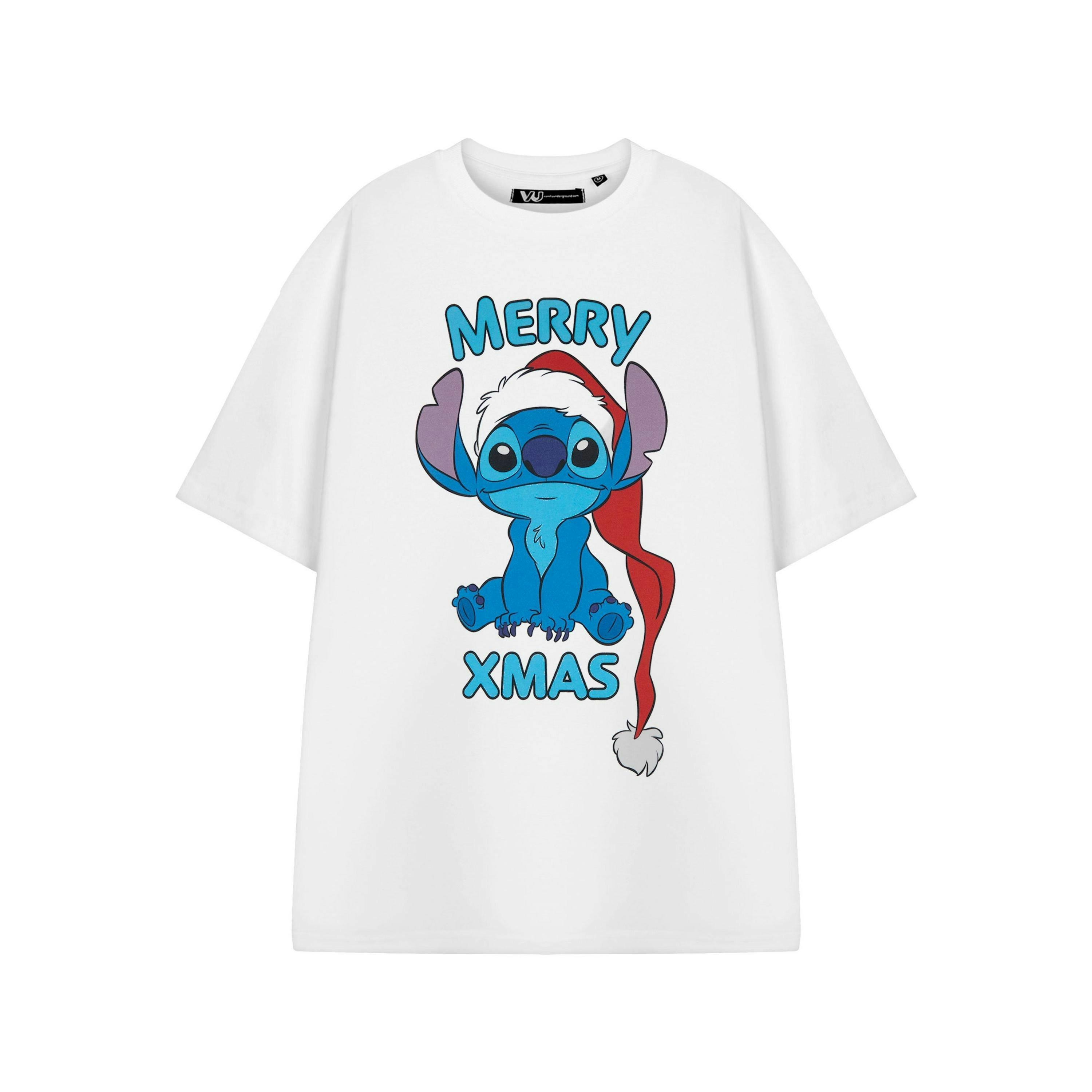 Disney Lilo & Stitch Womens White Merry Xmas Short Sleeved T-Shirt by Vanilla Underground , view 1 of 3