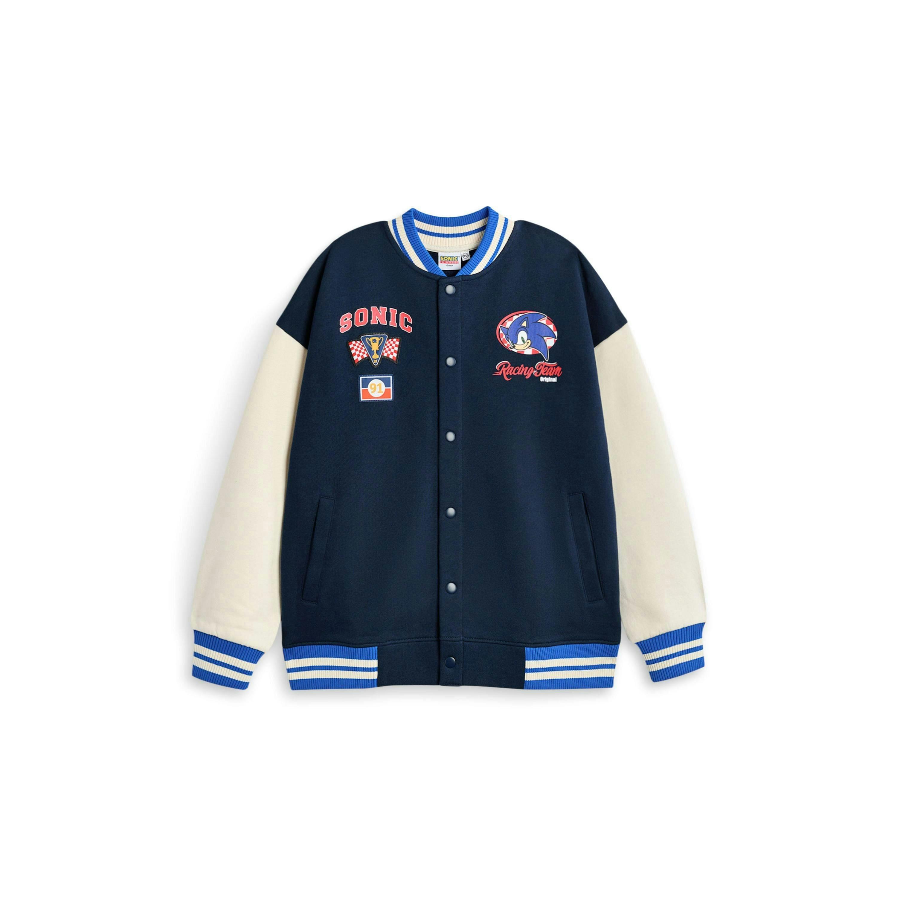 Sonic the Hedgehog Boys Blue Racing Team Varsity Jacket by Vanilla Underground , view 1 of 6