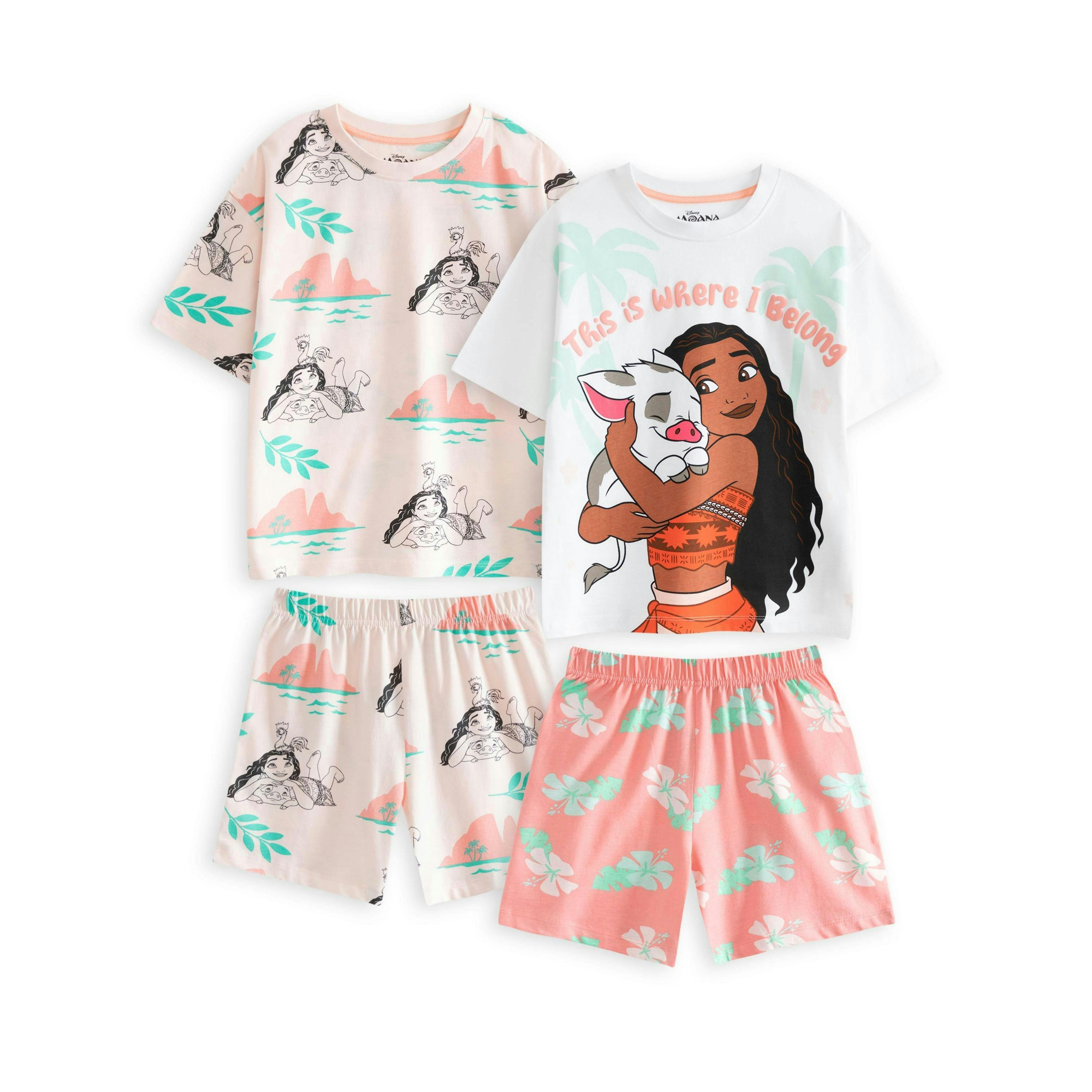 Disney Moana Girls Multicoloured Multi Character Multi-Pack of 2 Short Sleeve Short Leg Pyjama Set by Vanilla Underground , view 1 of 6