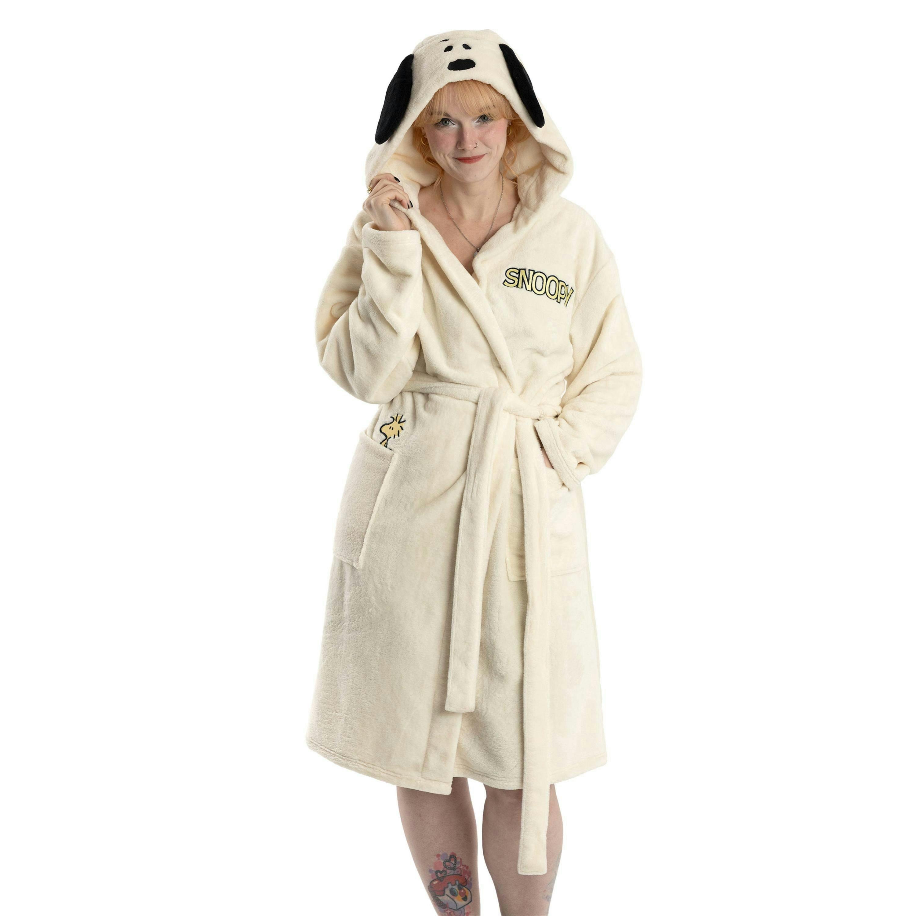 Peanuts Womens White Snoopy Hooded Bathrobe by Vanilla Underground , view 1 of 6