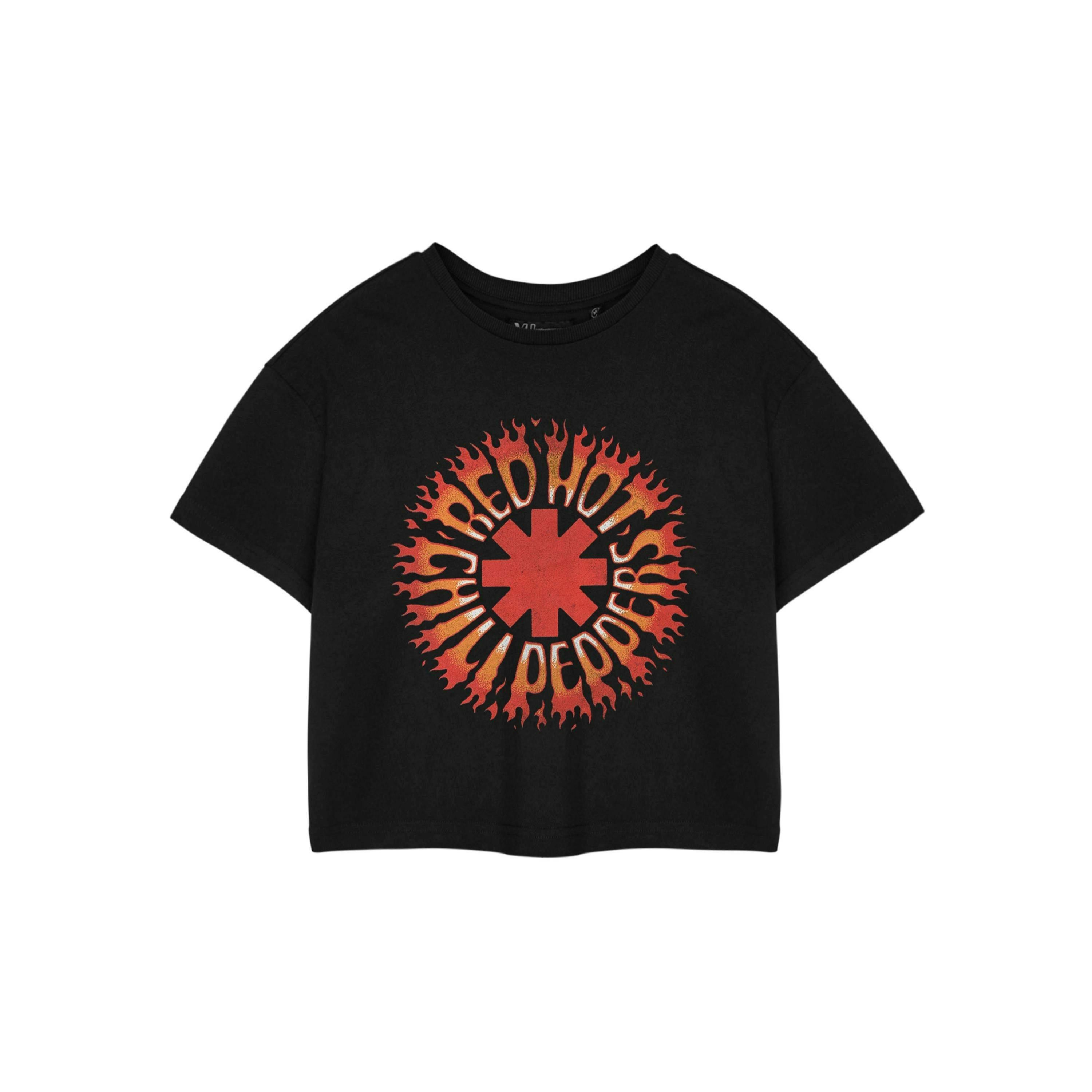 Red Hot Chili Peppers Womens Black Flame Cropped Short Sleeved T-Shirt by Vanilla Underground , view 1 of 3
