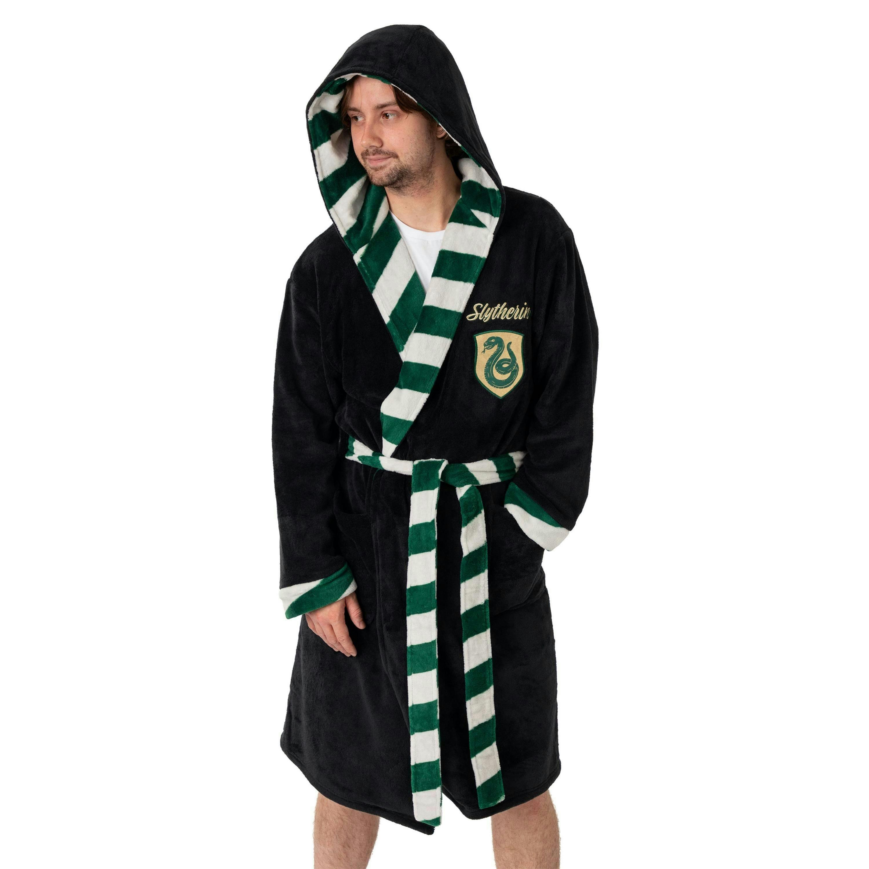 Harry Potter Unisex Black Slytherin Hooded Bathrobe by Vanilla Underground , view 1 of 6