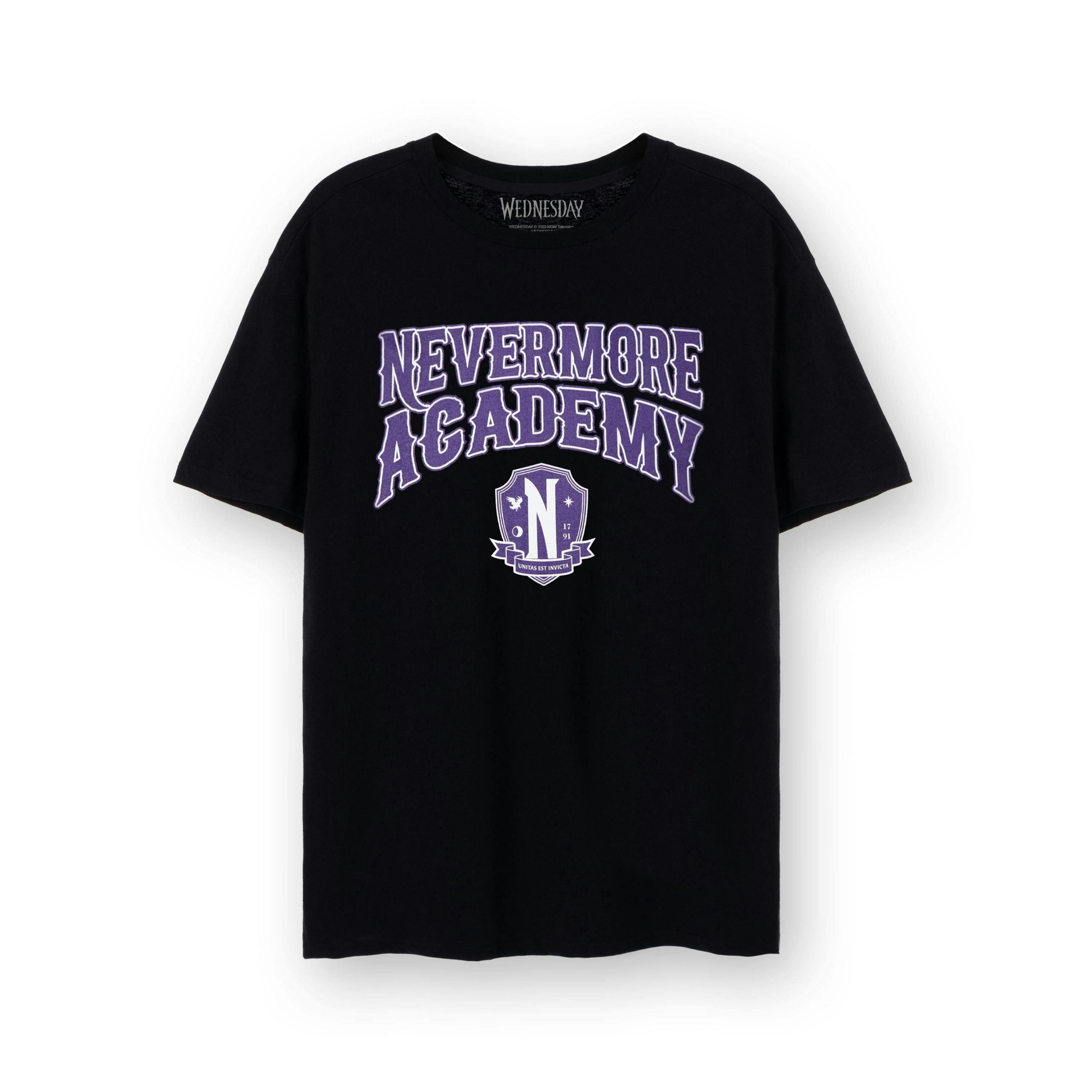 Wednesday Womens Black Nevermore Academy Short Sleeved T-Shirt by Vanilla Underground , view 1 of 4