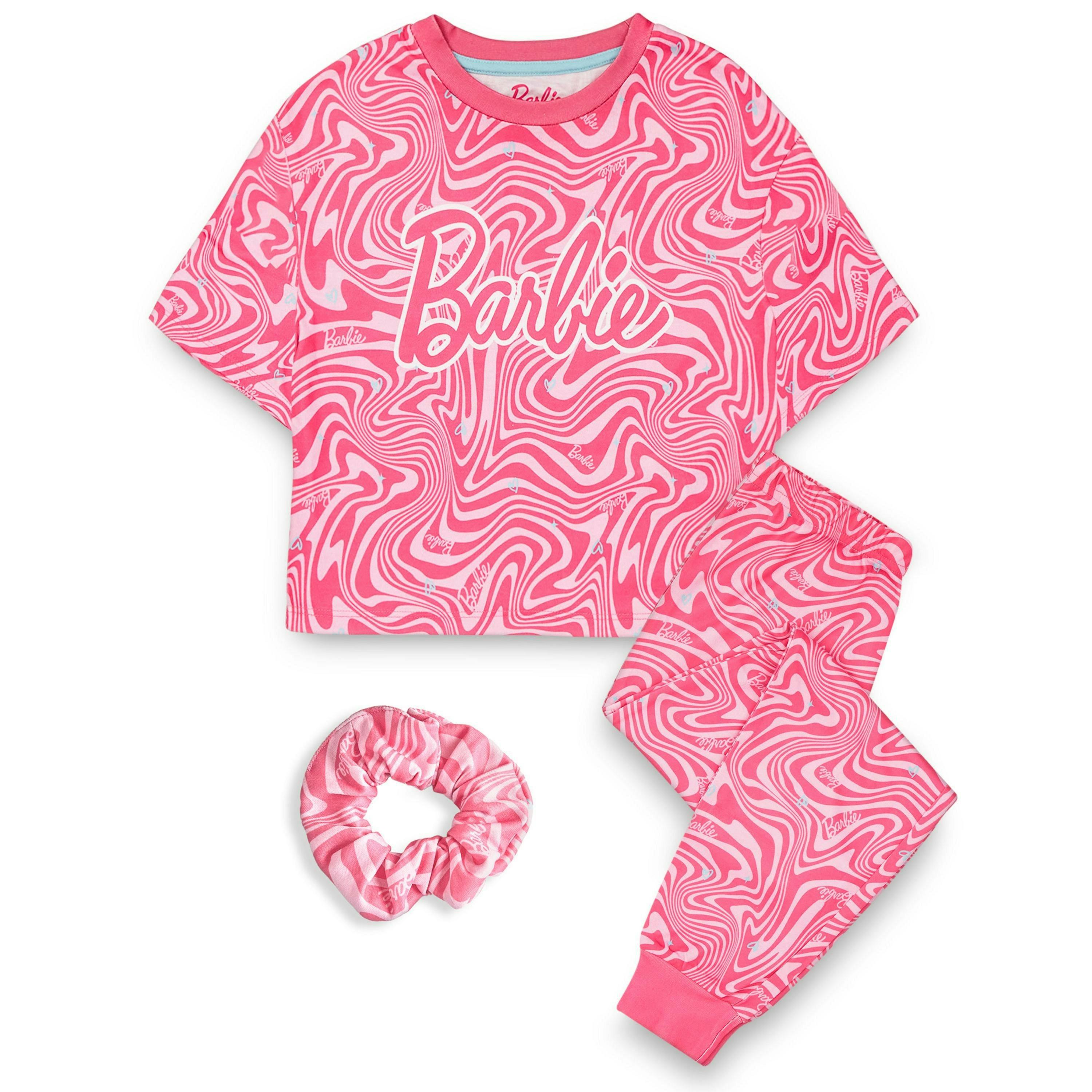 Barbie Girls Pink All Over Pattern Short Sleeve Long Leg Pyjama Set by Vanilla Underground , view 1 of 6