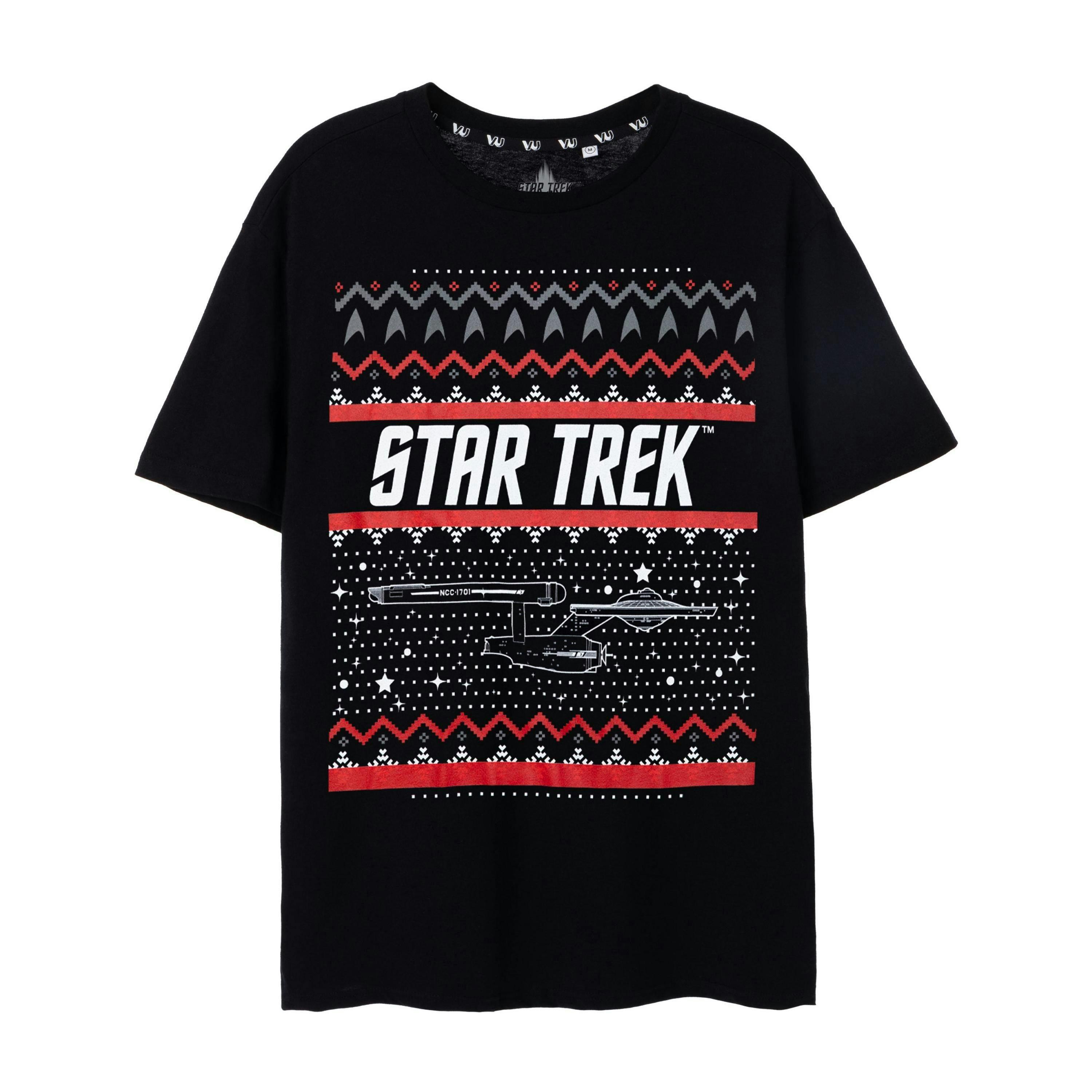Star Trek Mens Black Christmas Fairisle Short Sleeved T-Shirt by Vanilla Underground , view 1 of 6