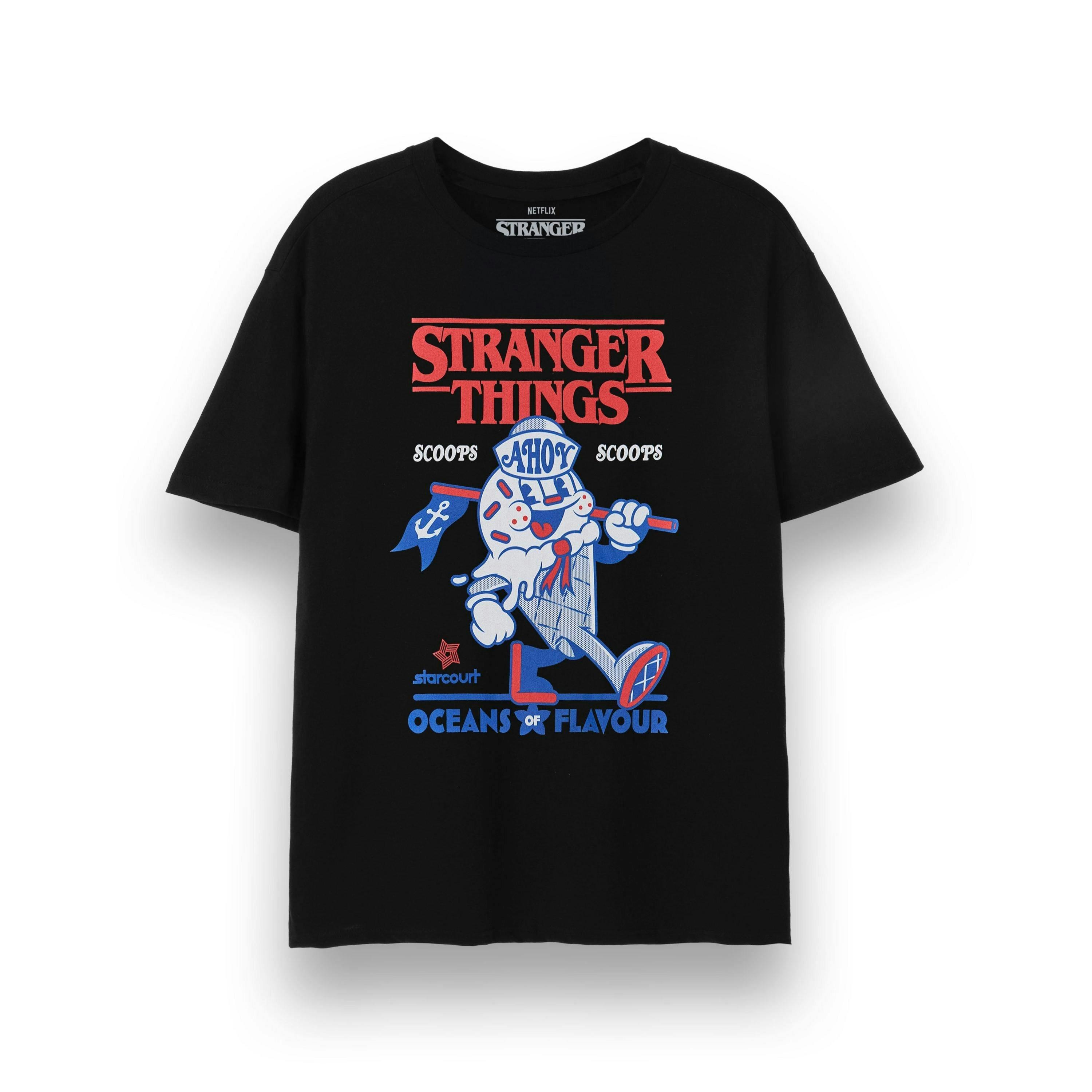 Stranger Things Unisex Black Scoops Short Sleeved T-Shirt by Vanilla Underground , view 1 of 5