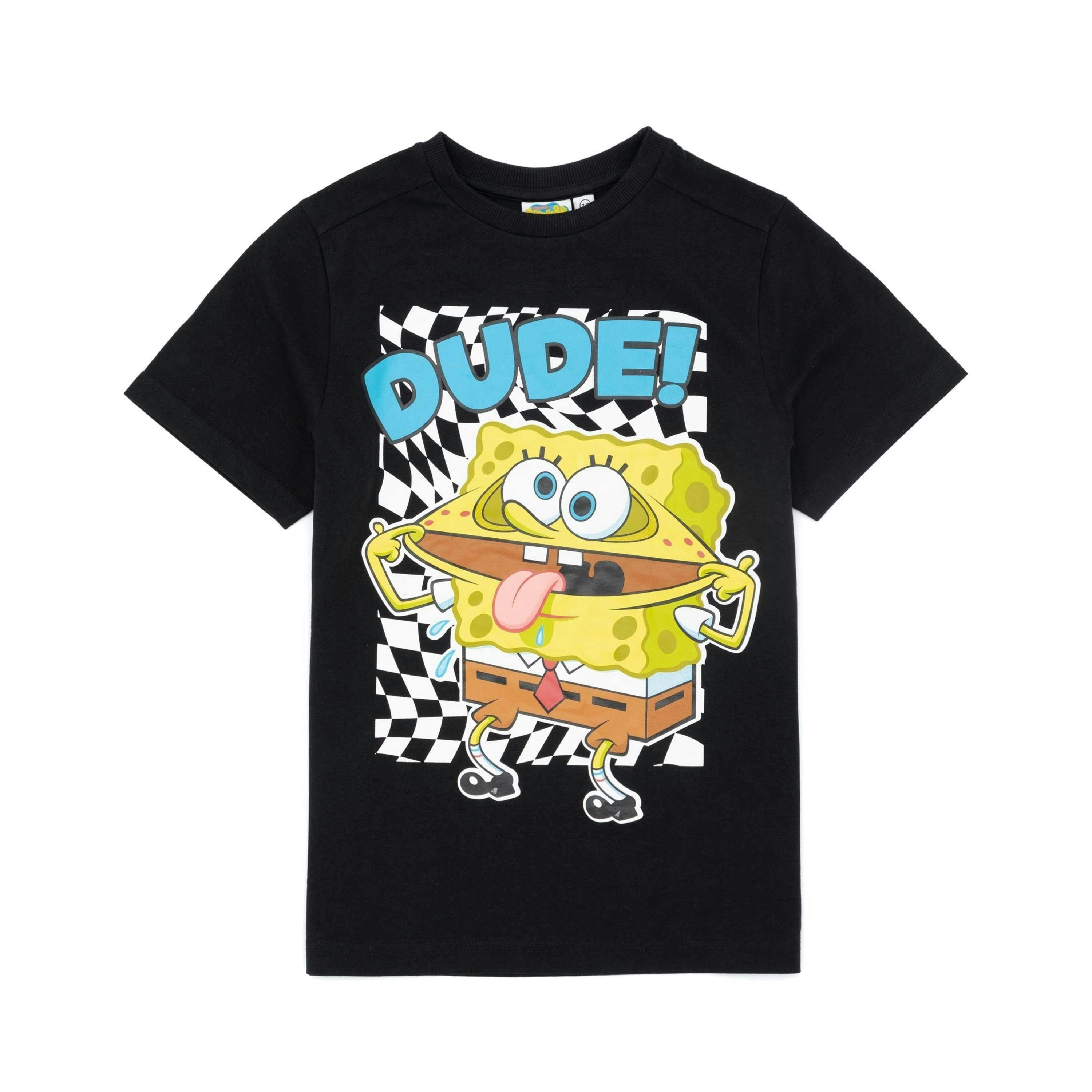 SpongeBob SquarePants Boys Black Dude! Spongebob Placement Print Short Sleeved T-Shirt by Vanilla Underground , view 1 of 6