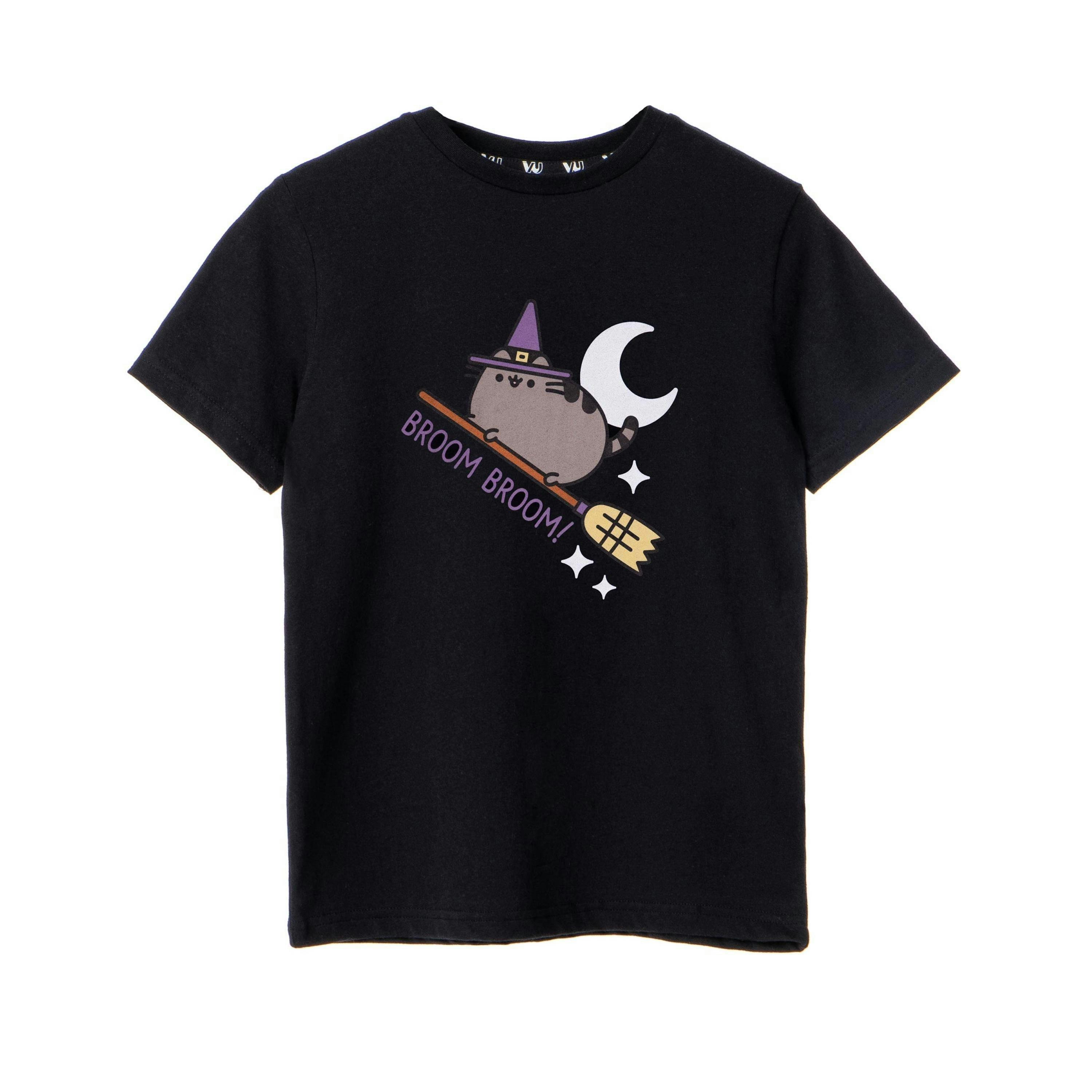 Pusheen Girls Black Halloween Broom Broom Short Sleeved T-Shirt by Vanilla Underground , view 1 of 6