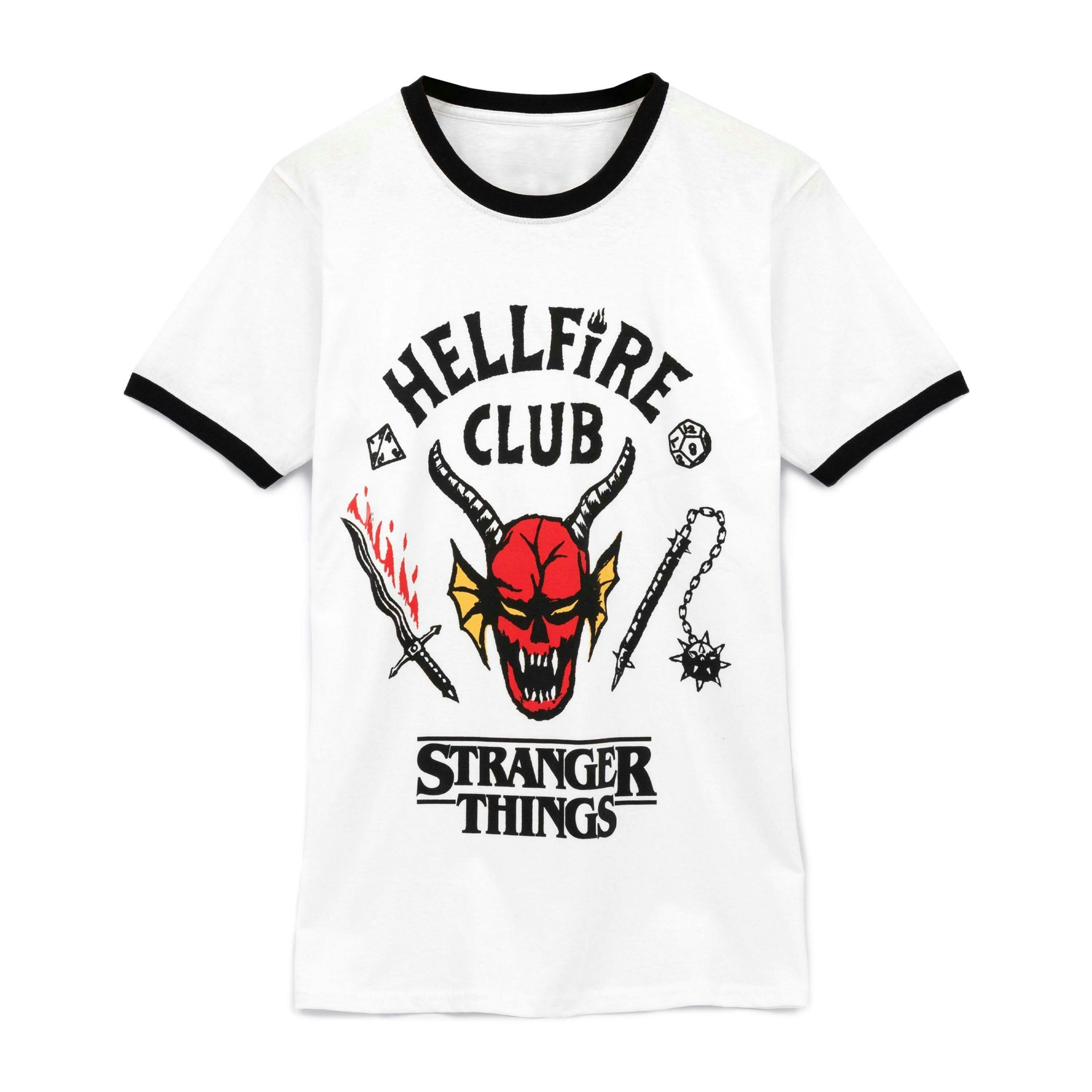 Stranger Things Unisex White Hellfire Short Sleeved T-Shirt by Vanilla Underground , view 1 of 6