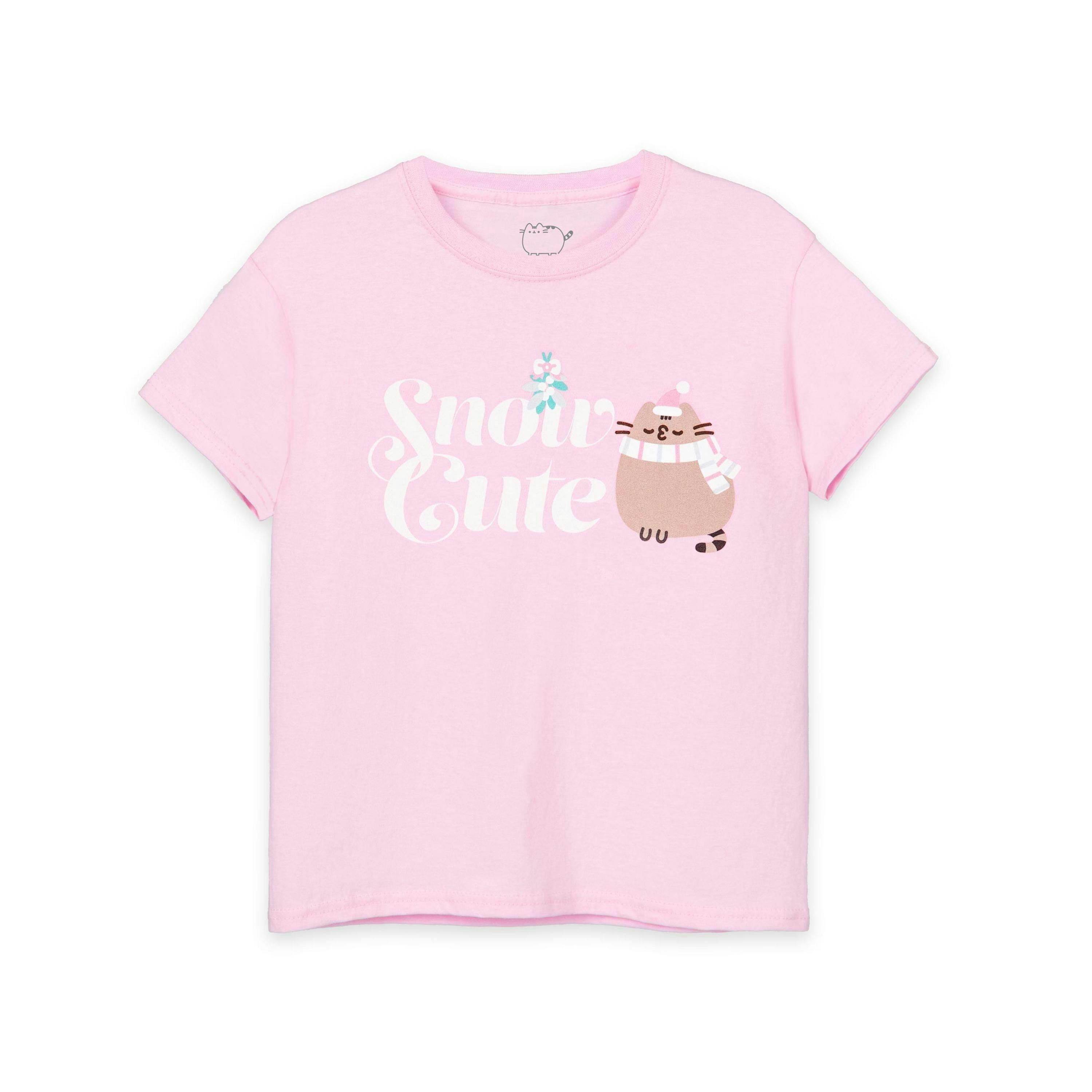 Pusheen Girls Pink Snow Cute Short Sleeved T-Shirt by Vanilla Underground , view 1 of 6