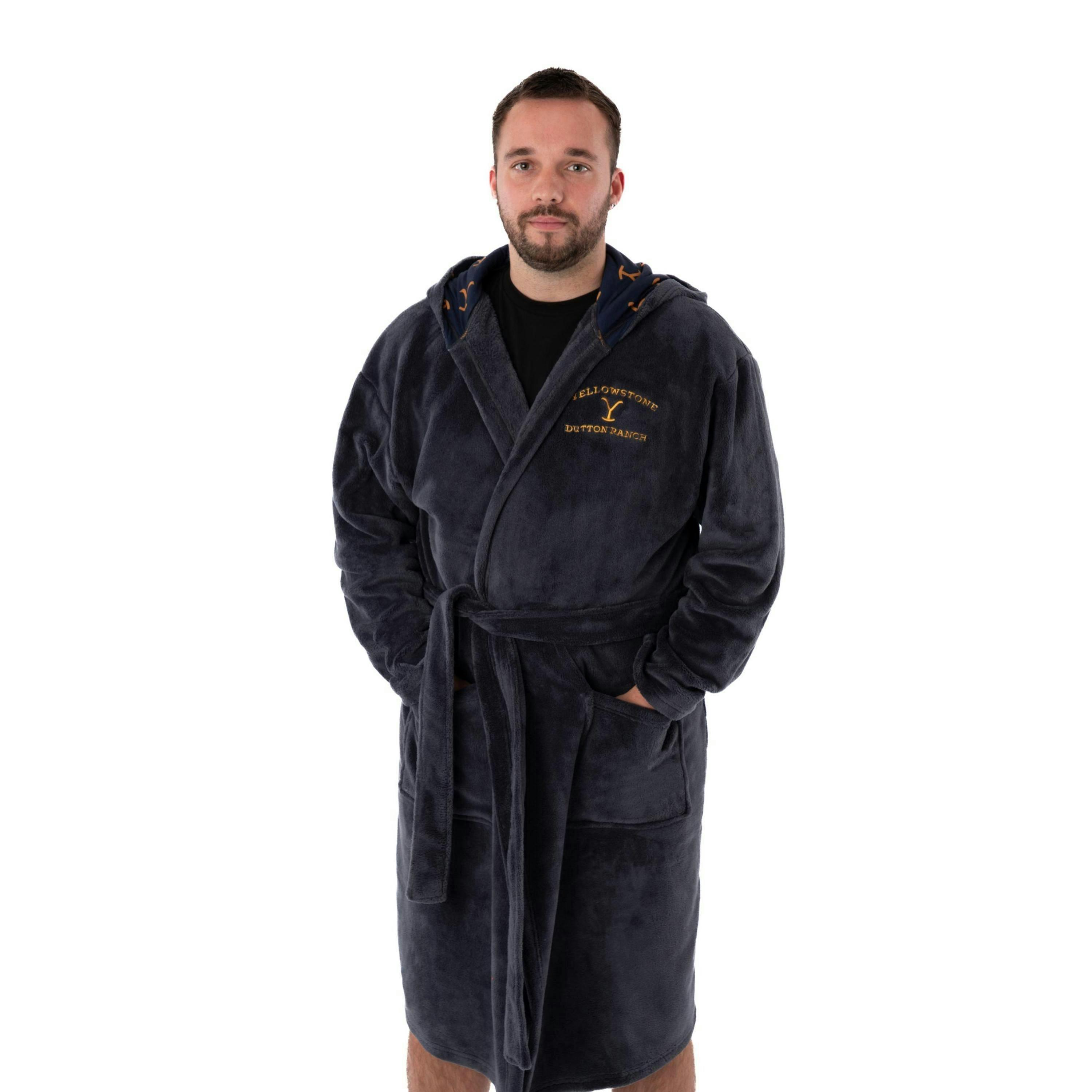 Yellowstone Mens Blue Dutton Ranch Montana Hooded Bathrobe by Vanilla Underground , view 1 of 6