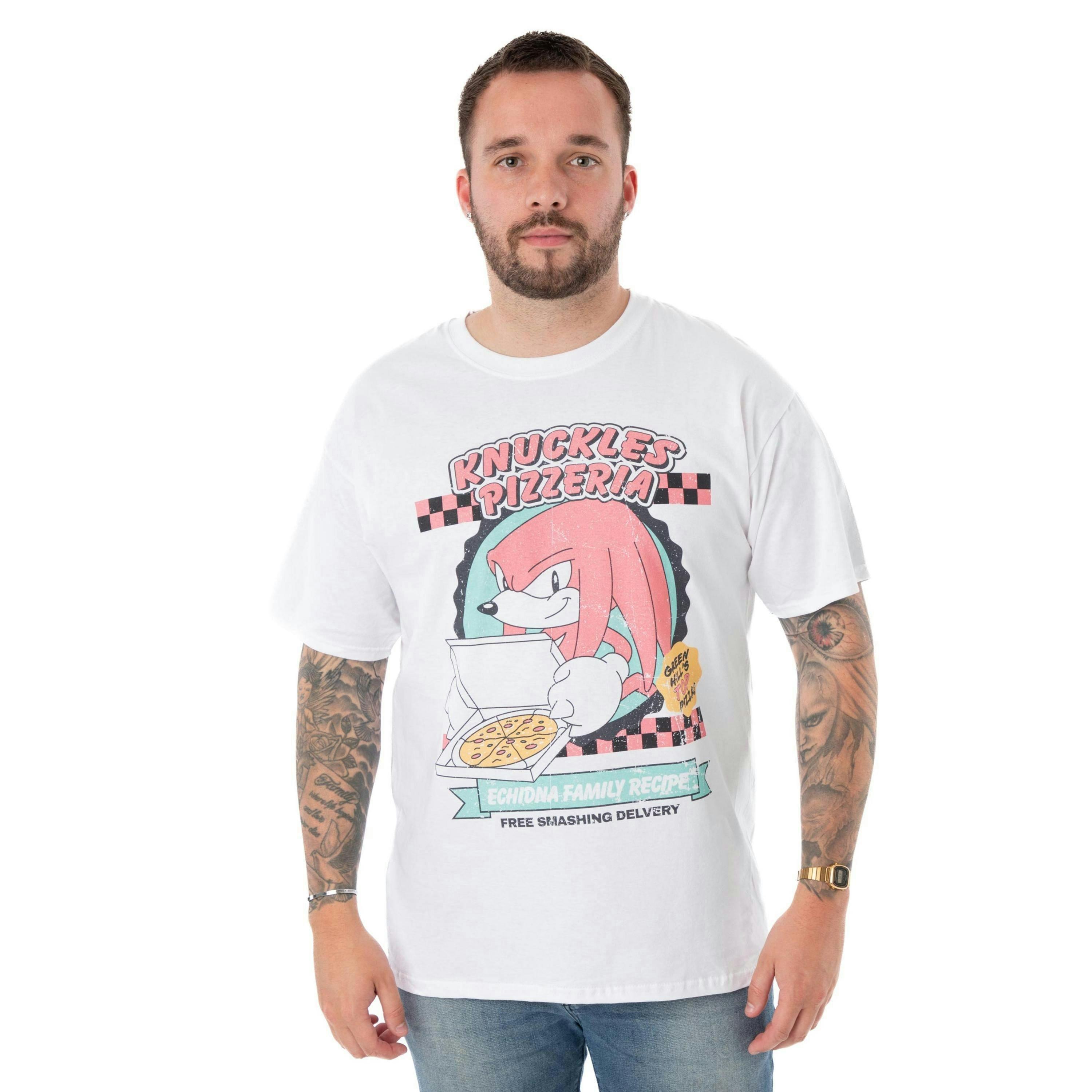Sonic the Hedgehog Mens White Knuckles Pizza Short Sleeved T-Shirt by Vanilla Underground , view 1 of 6