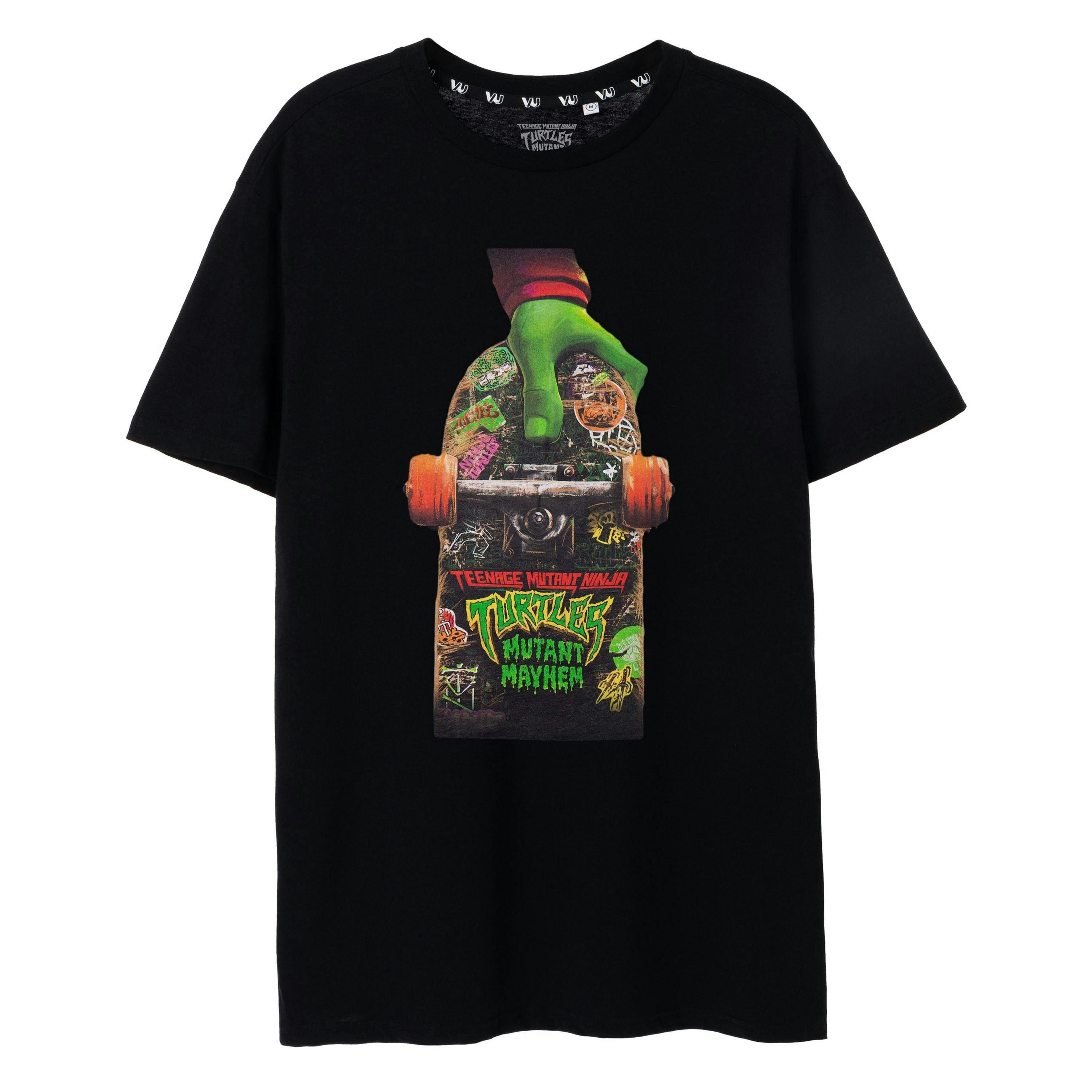 Teenage Mutant Ninja Turtles Mens Black Mutant Mayhem Skateboard Short Sleeved T-Shirt by Vanilla Underground , view 1 of 6