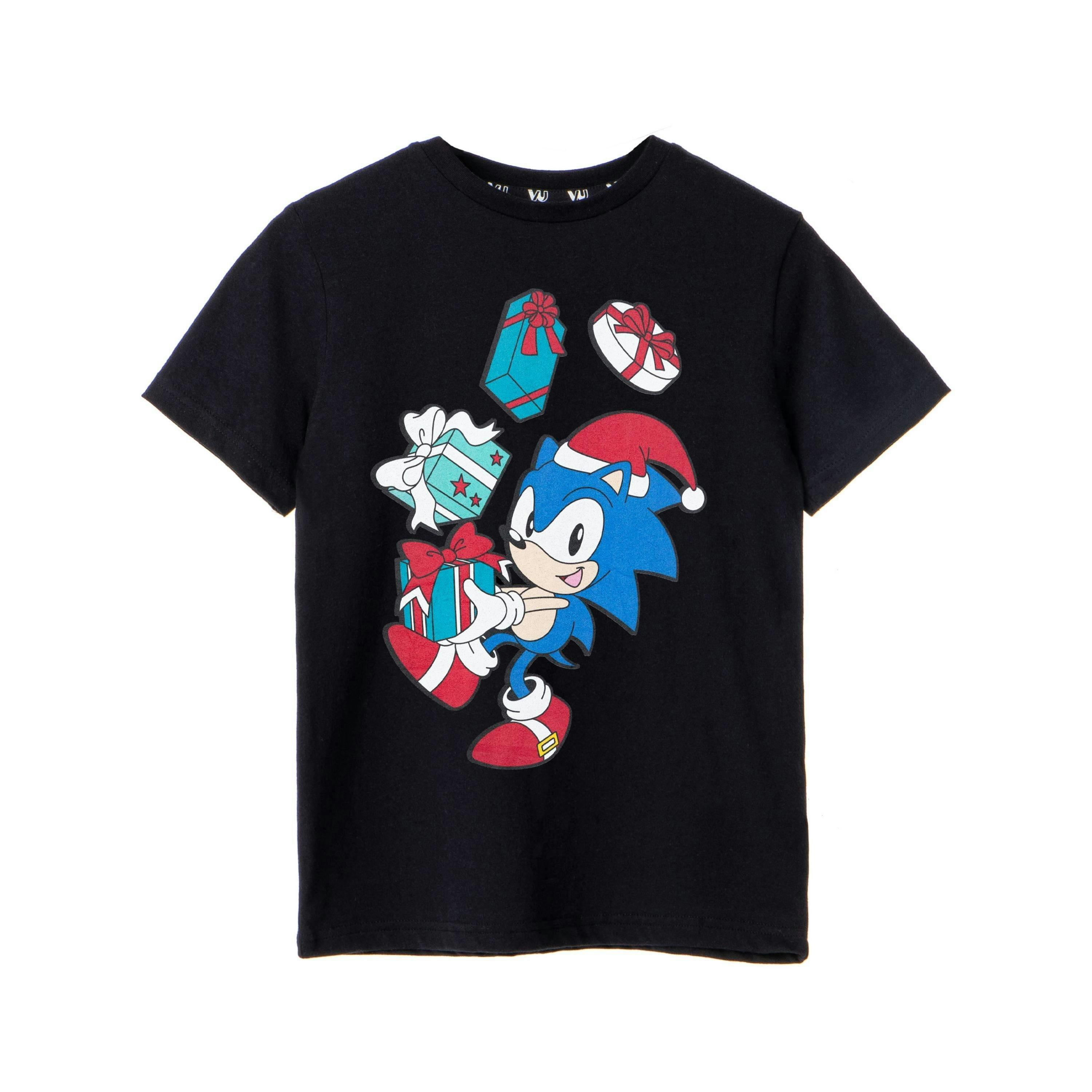 Sonic the Hedgehog Boys Black Christmas Presents Short Sleeved T-Shirt by Vanilla Underground , view 1 of 6