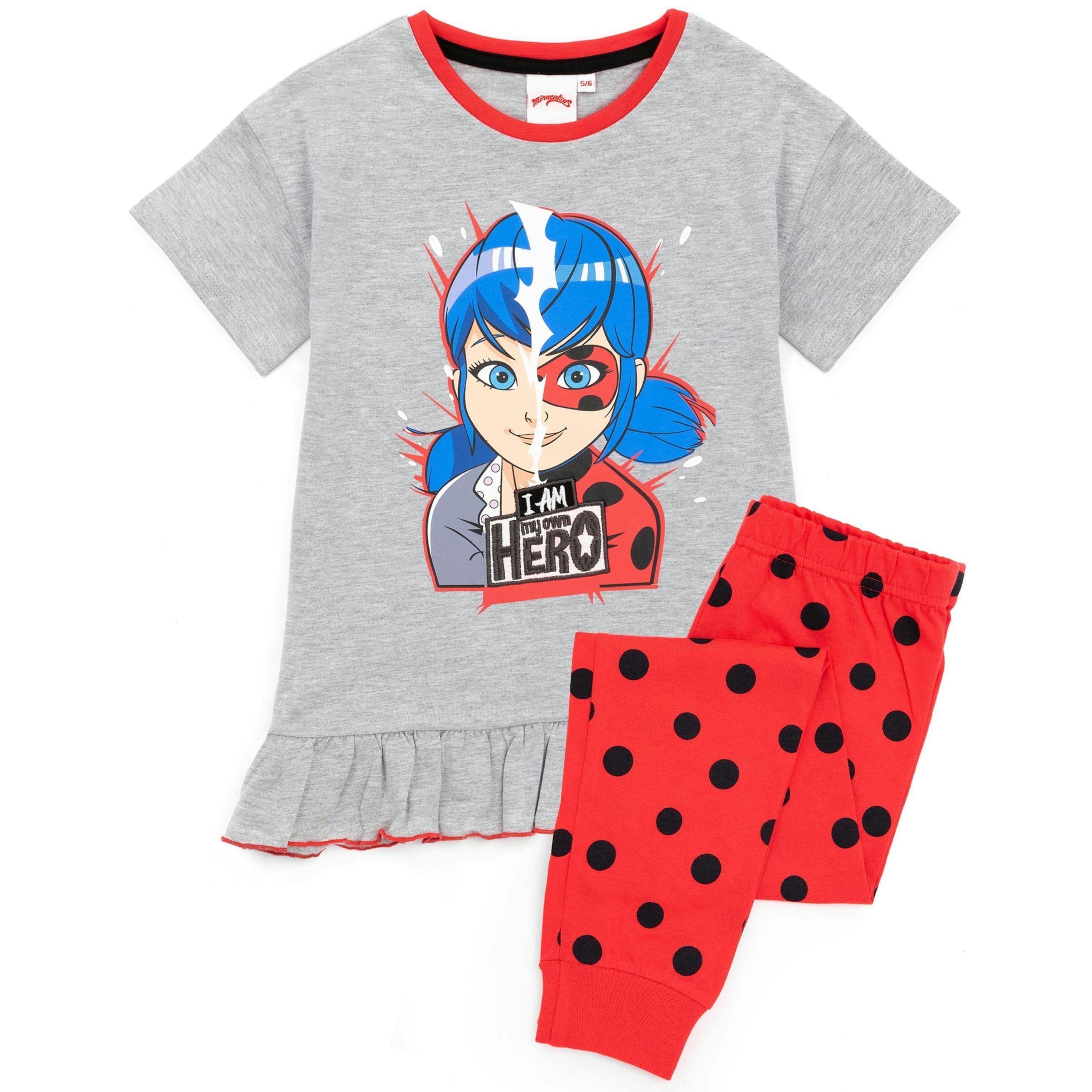 Miraculous Girls Grey Ladybug Placement Print & Polka Dot Short Sleeve Long Leg Pyjama Set by Vanilla Underground , view 1 of 6