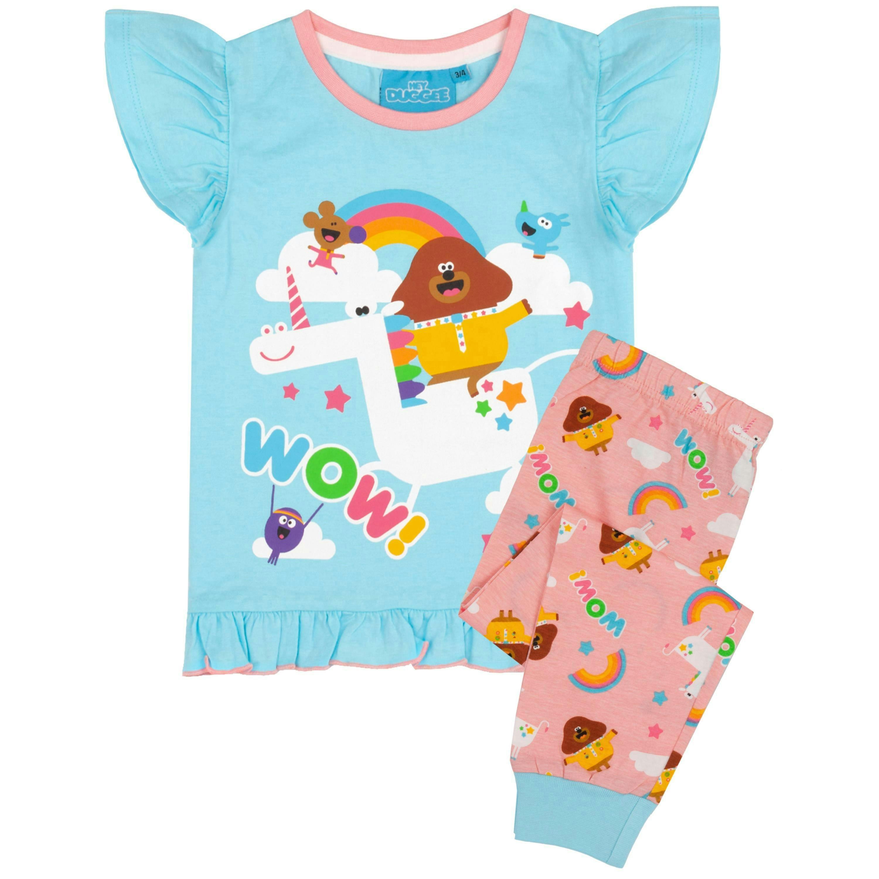 Hey Duggee Girls Blue Duggee , Unicorn & Norrie All-Over Print Short Sleeve Long Leg Pyjama Set by Vanilla Underground , view 1 of 1