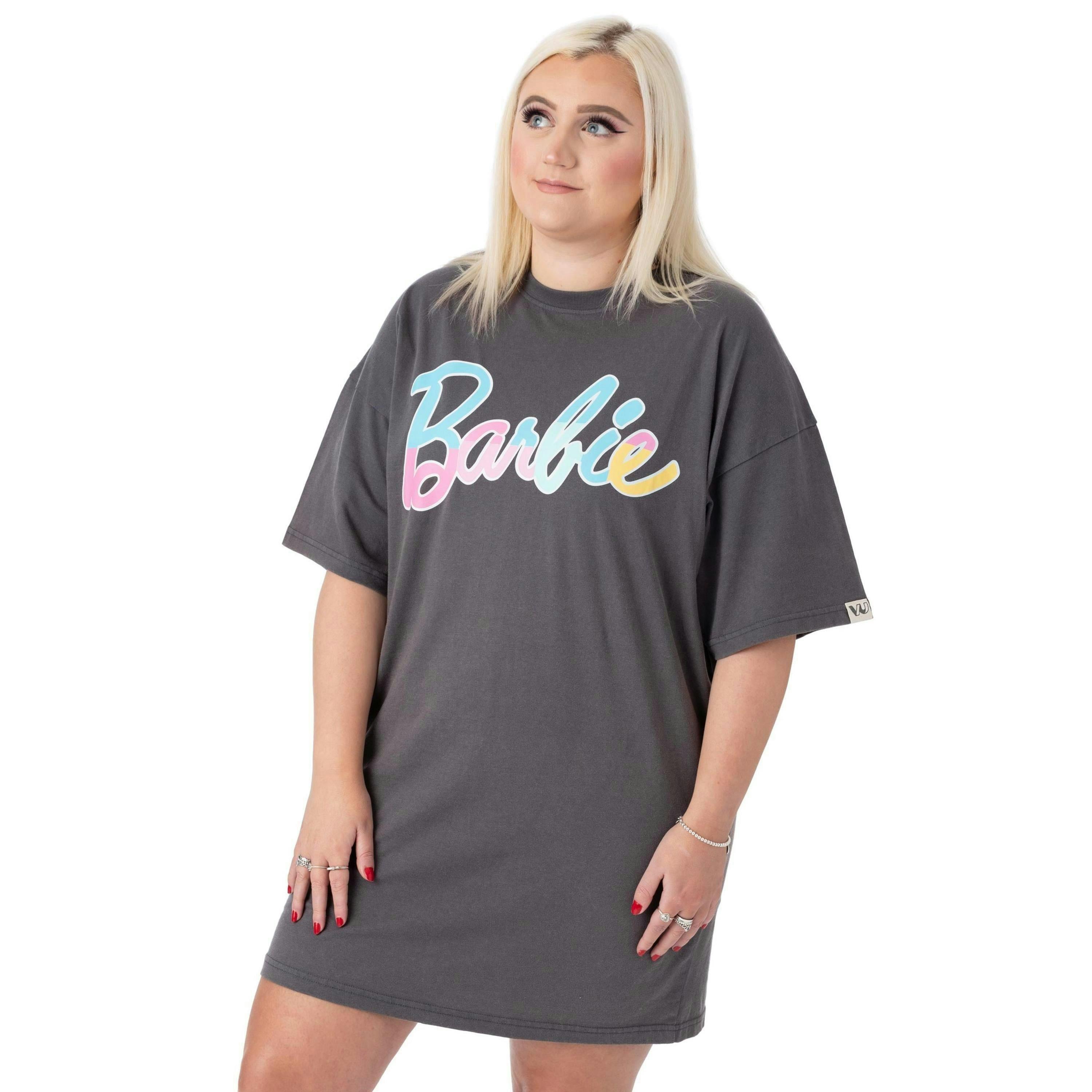 Barbie Womens Grey Pastel Print Logo Short Sleeve Skater Dress by Vanilla Underground , view 1 of 6