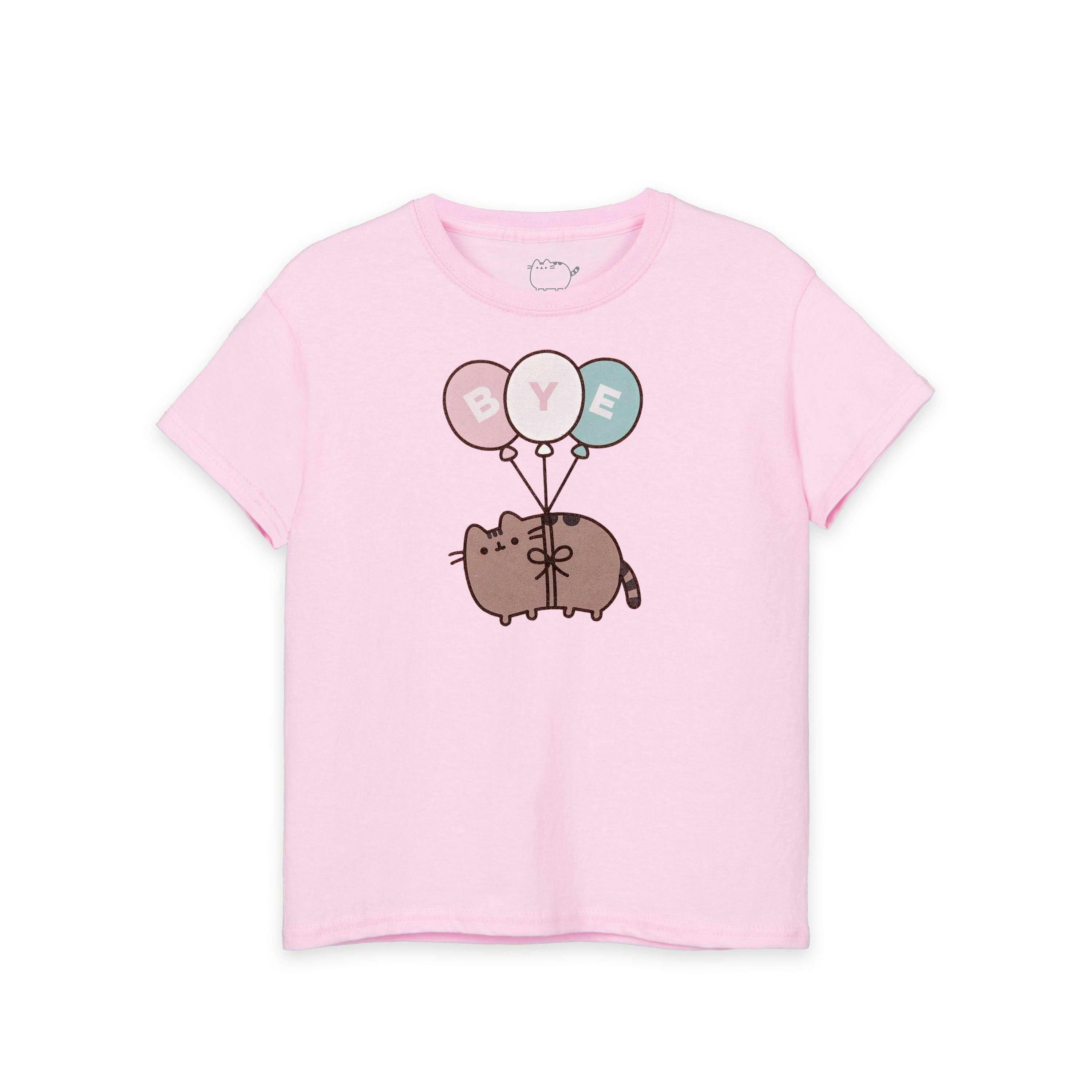 Pusheen Girls Pink Bye Balloons Short Sleeved T-Shirt by Vanilla Underground , view 1 of 6