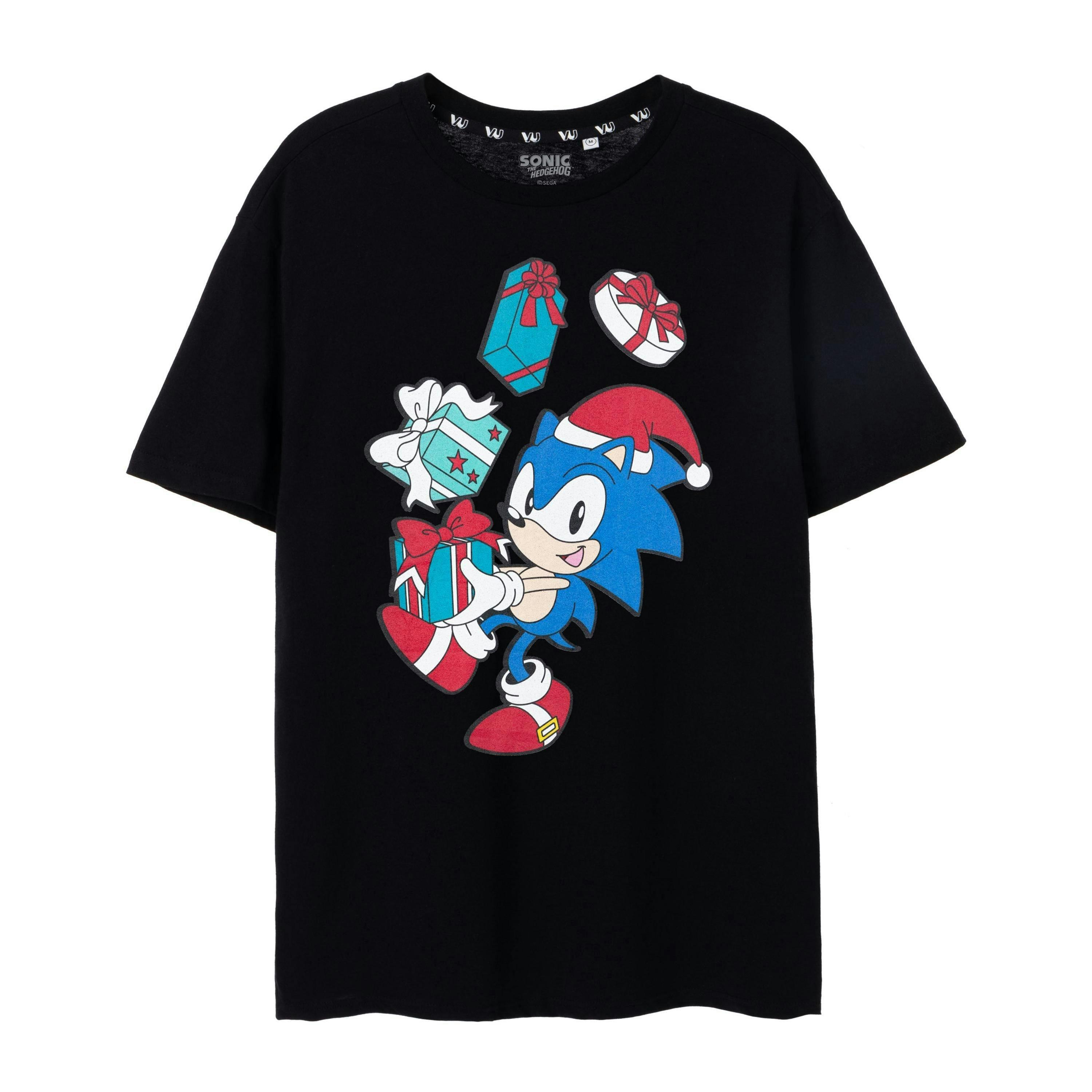 Sonic the Hedgehog Mens Black Christmas Presents Short Sleeved T-Shirt by Vanilla Underground , view 1 of 6