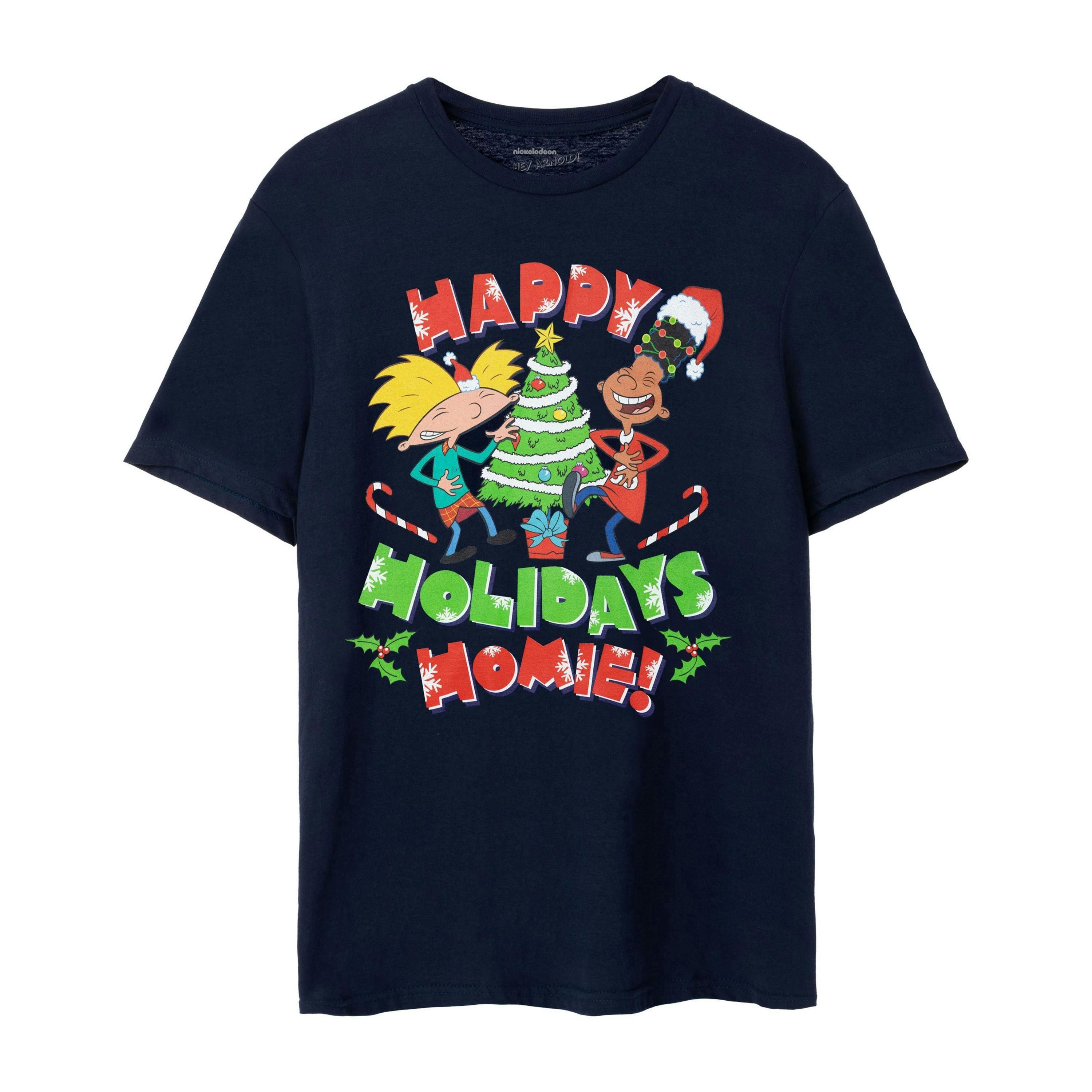 Hey Arnold Mens Blue Happy Holidays Homie Short Sleeved T-Shirt by Vanilla Underground , view 1 of 6