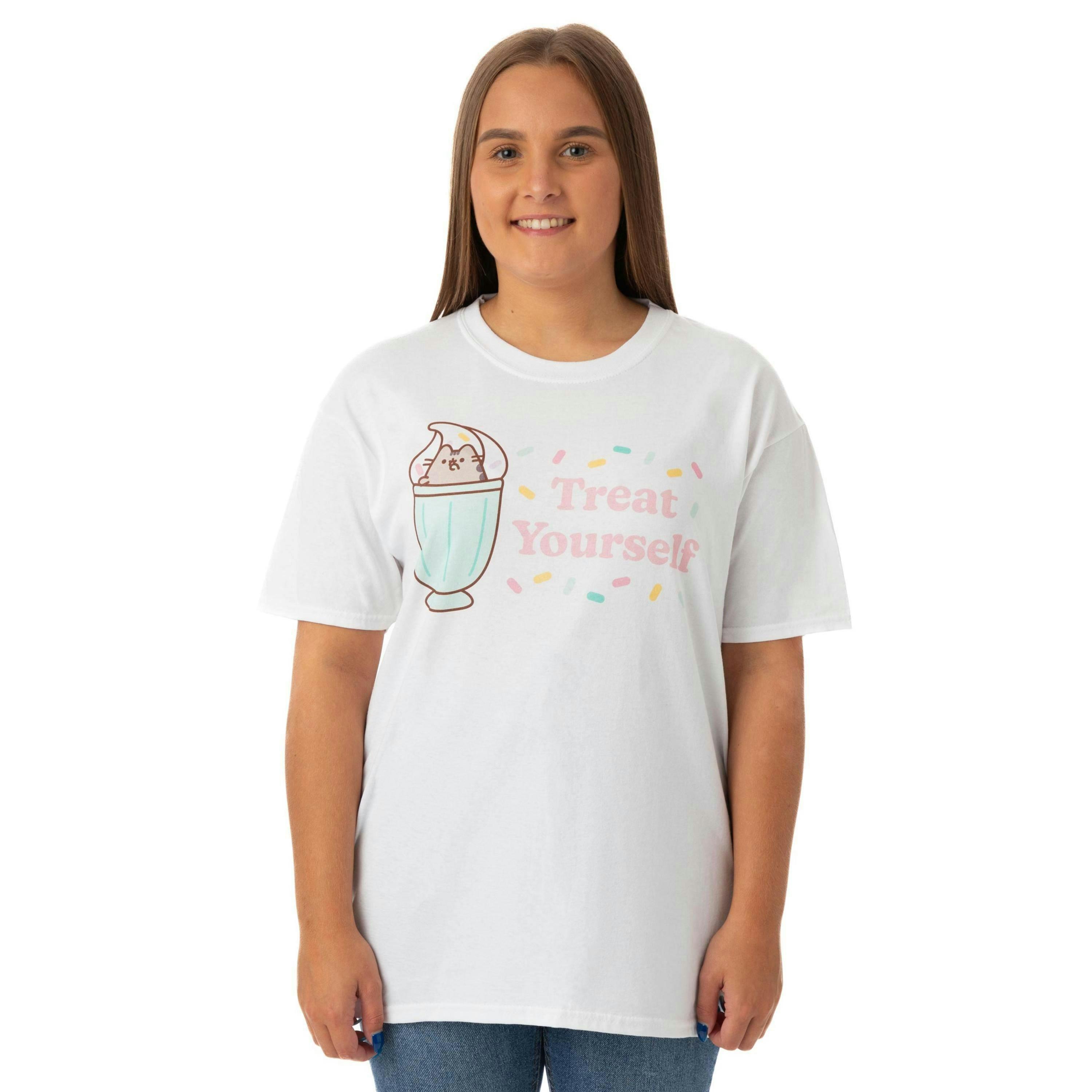 Pusheen Womens White Treat Yourself Short Sleeved T-Shirt by Vanilla Underground , view 1 of 6