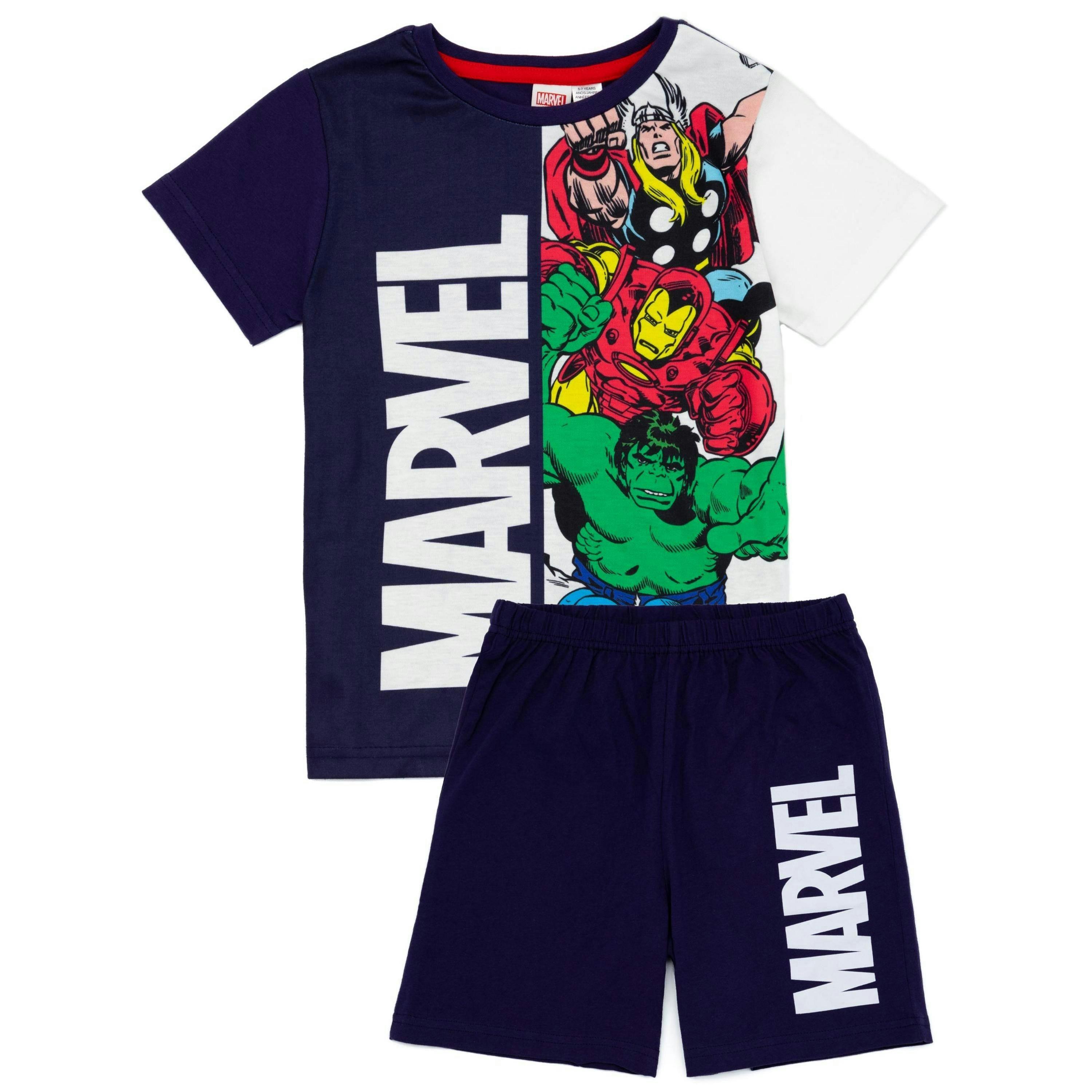Disney Marvel Boys Blue Avengers Characters and Brand Logo Short Sleeve Short Leg Pyjama Set by Vanilla Underground , view 1 of 5