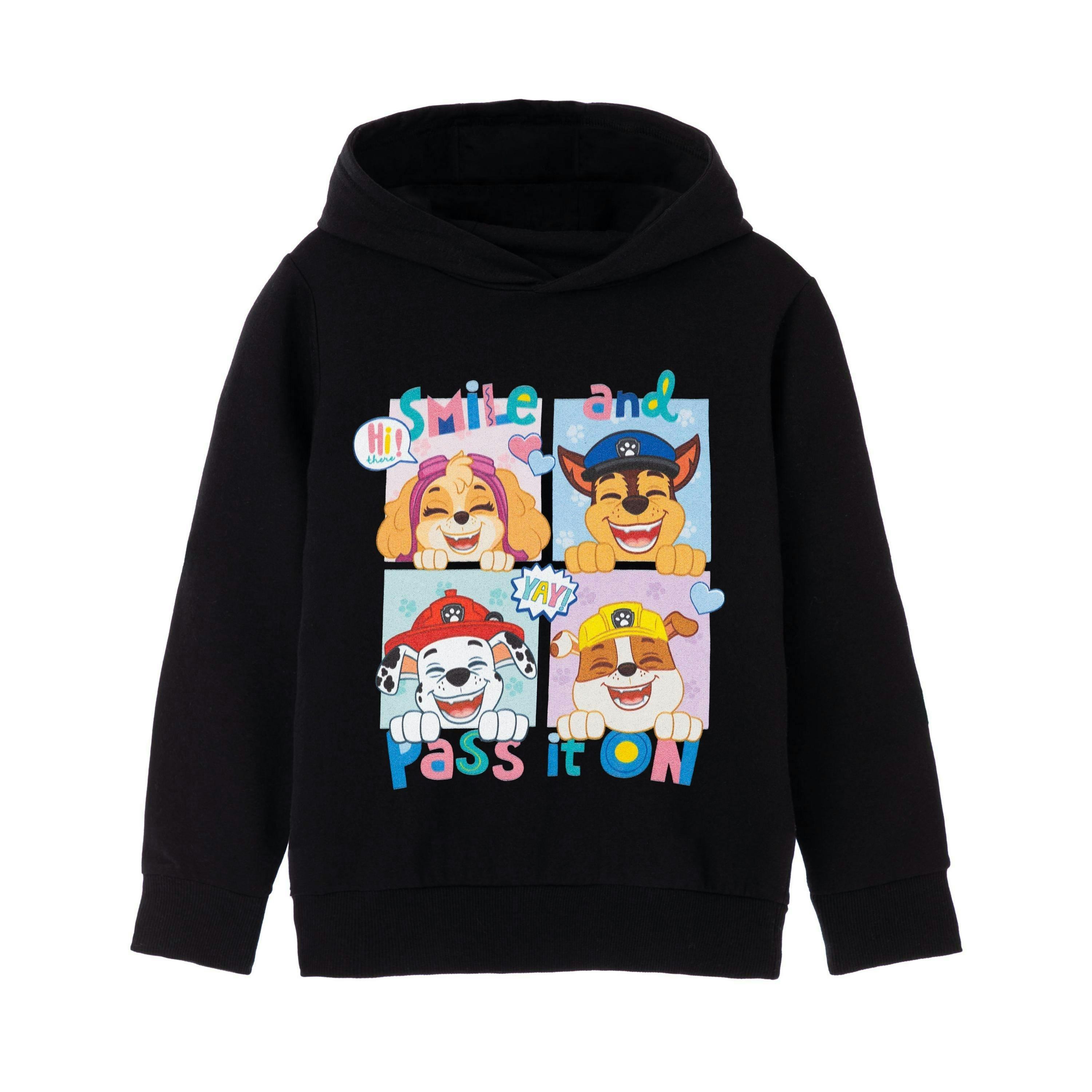 Paw Patrol Girls Black Smile And Pass It On Hoodie by Vanilla Underground , view 1 of 6