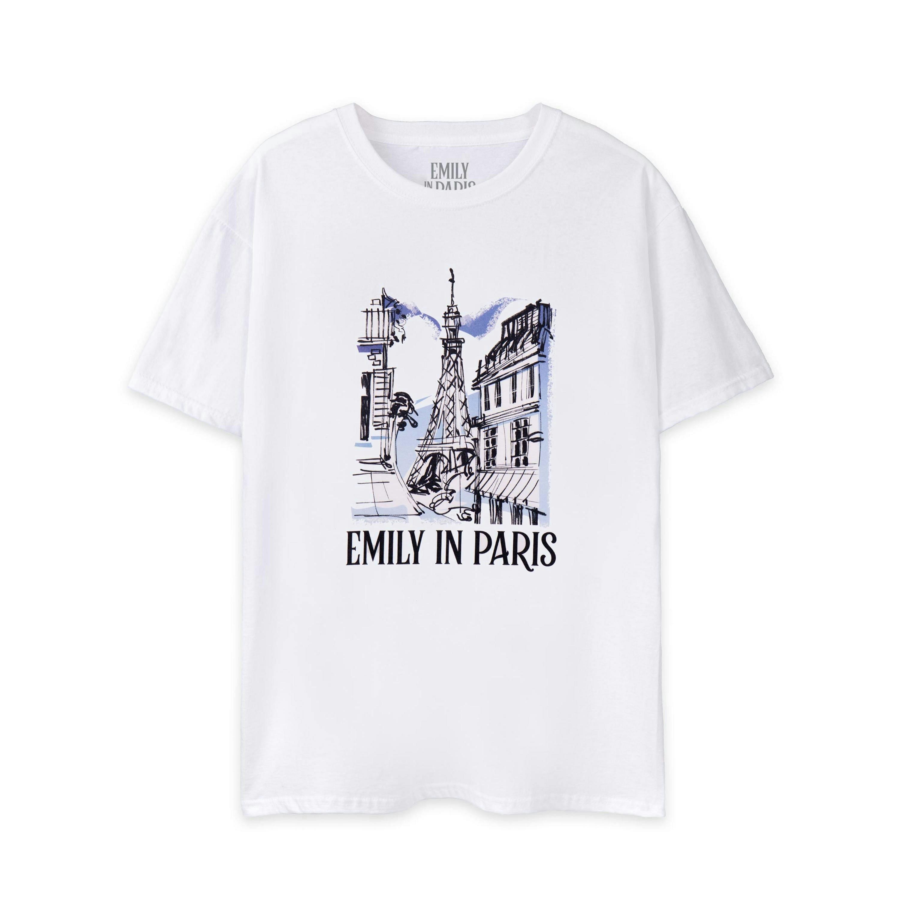 Emily In Paris Womens White Sketchy Cityscape Short Sleeved T-Shirt by Vanilla Underground , view 1 of 6