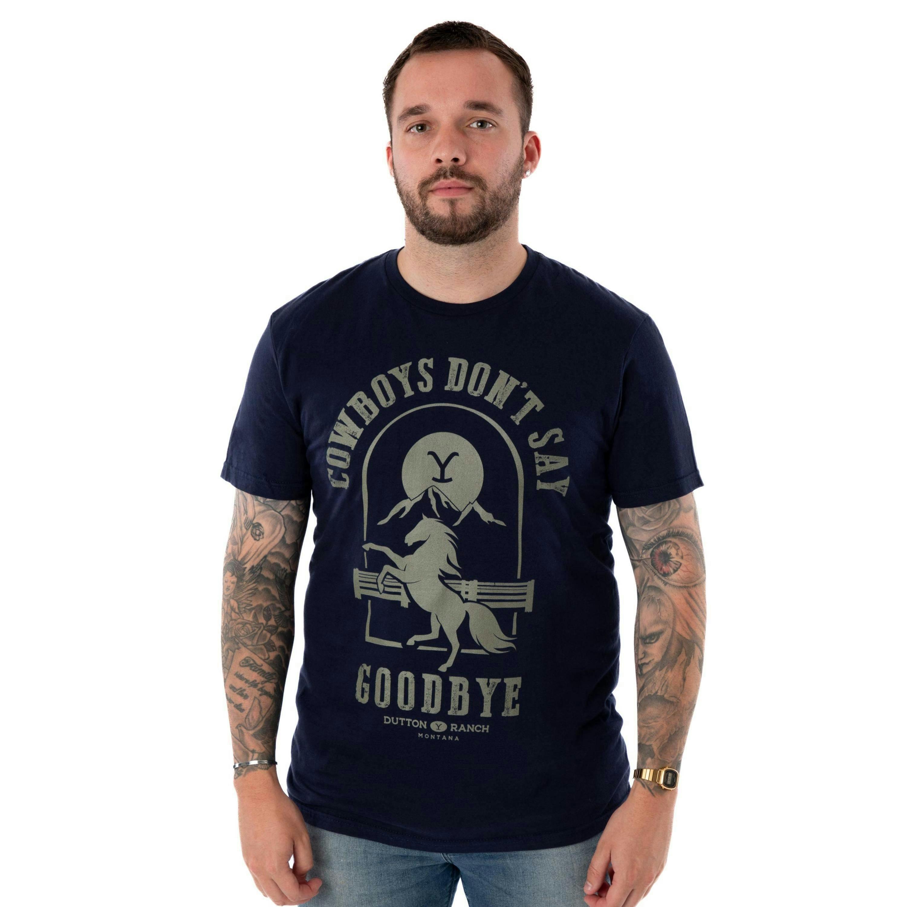 Yellowstone Mens Blue Cowboys Don't Say Goodbye Short Sleeved T-Shirt by Vanilla Underground , view 1 of 6