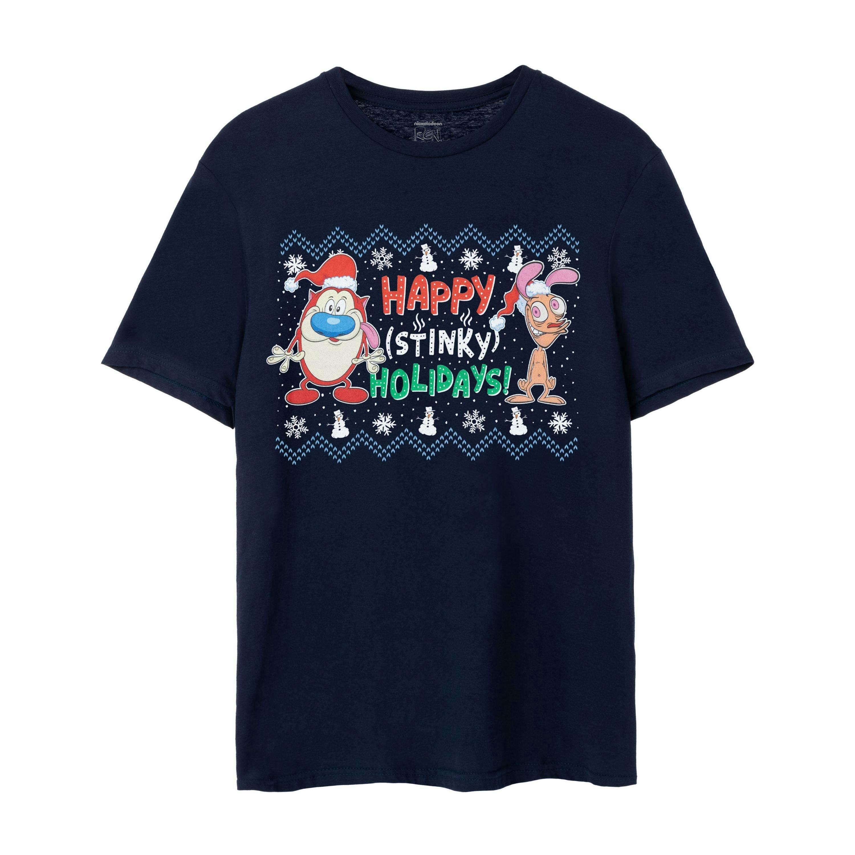Ren & Stimpy Mens Blue Happy Stinky Holidays Short Sleeved T-Shirt by Vanilla Underground , view 1 of 6