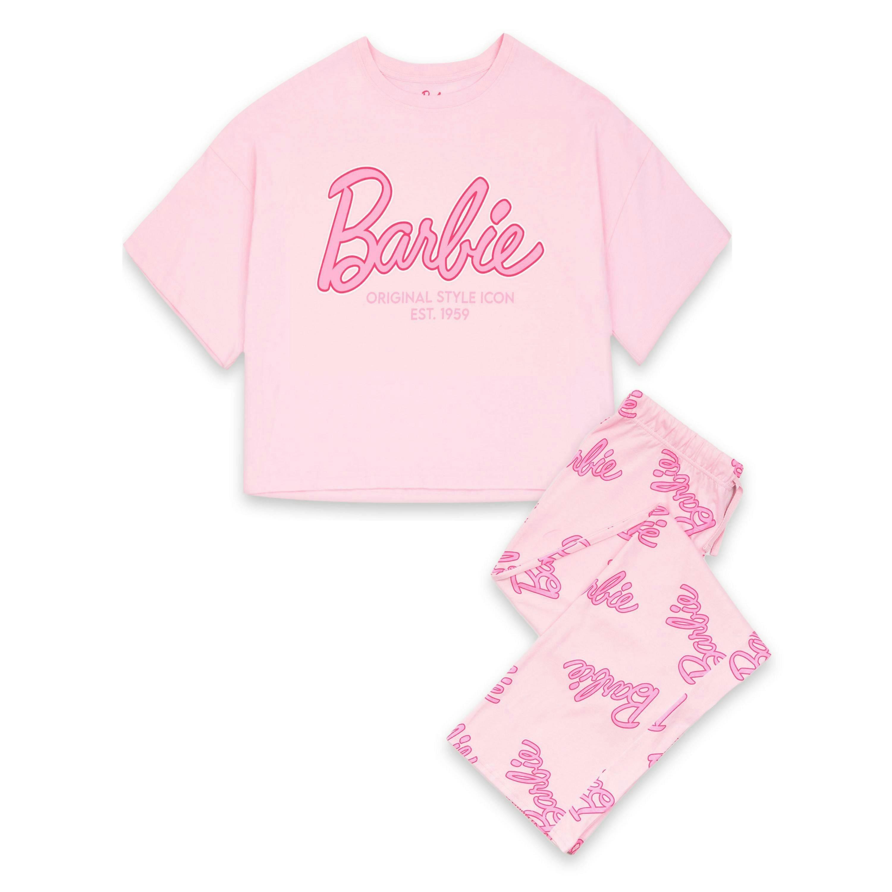 Barbie Womens Pink Logo All Over Print Short Sleeve Long Leg Pyjama Set by Vanilla Underground , view 1 of 6