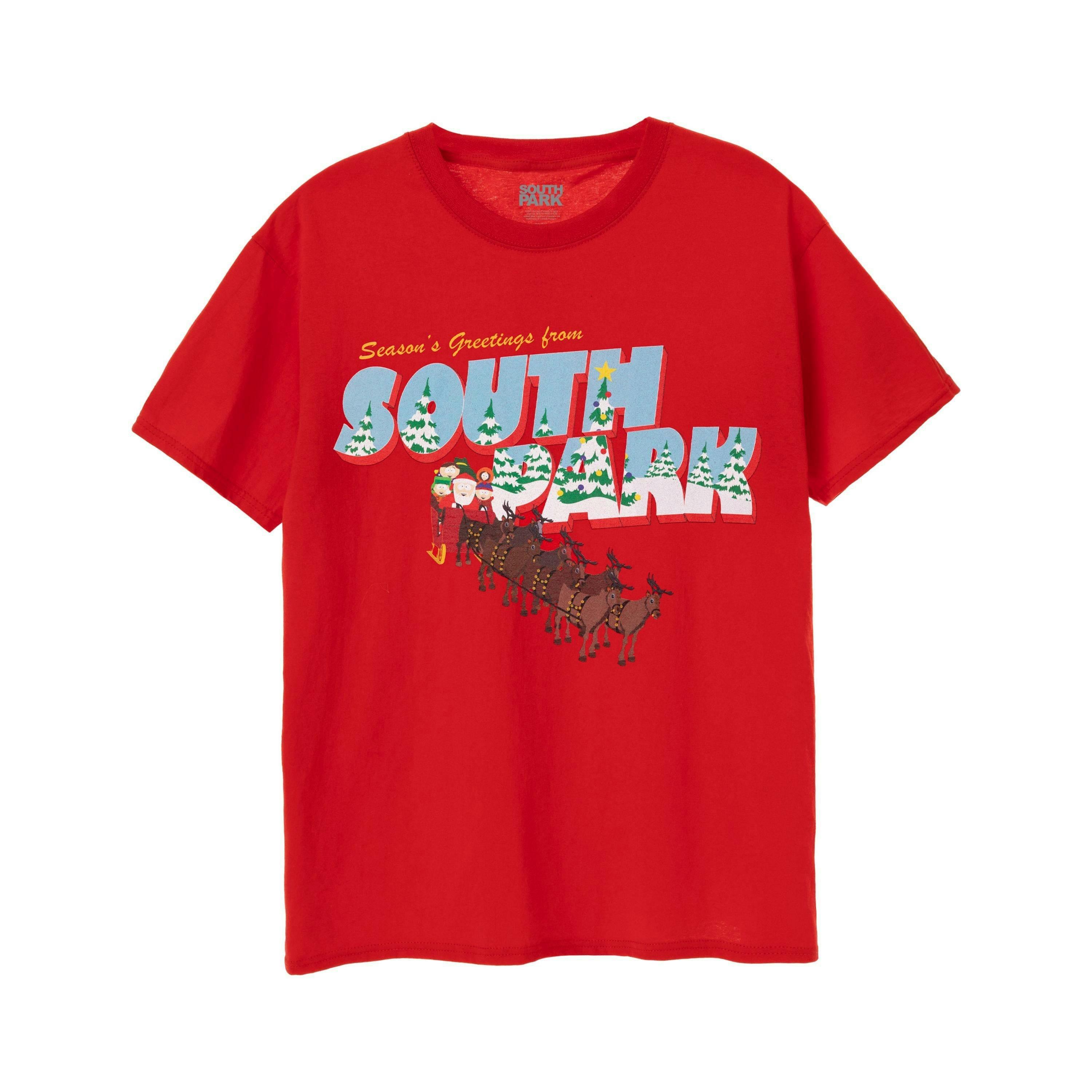 South Park Mens Red Season's Greetings Short Sleeved T-Shirt by Vanilla Underground , view 1 of 6