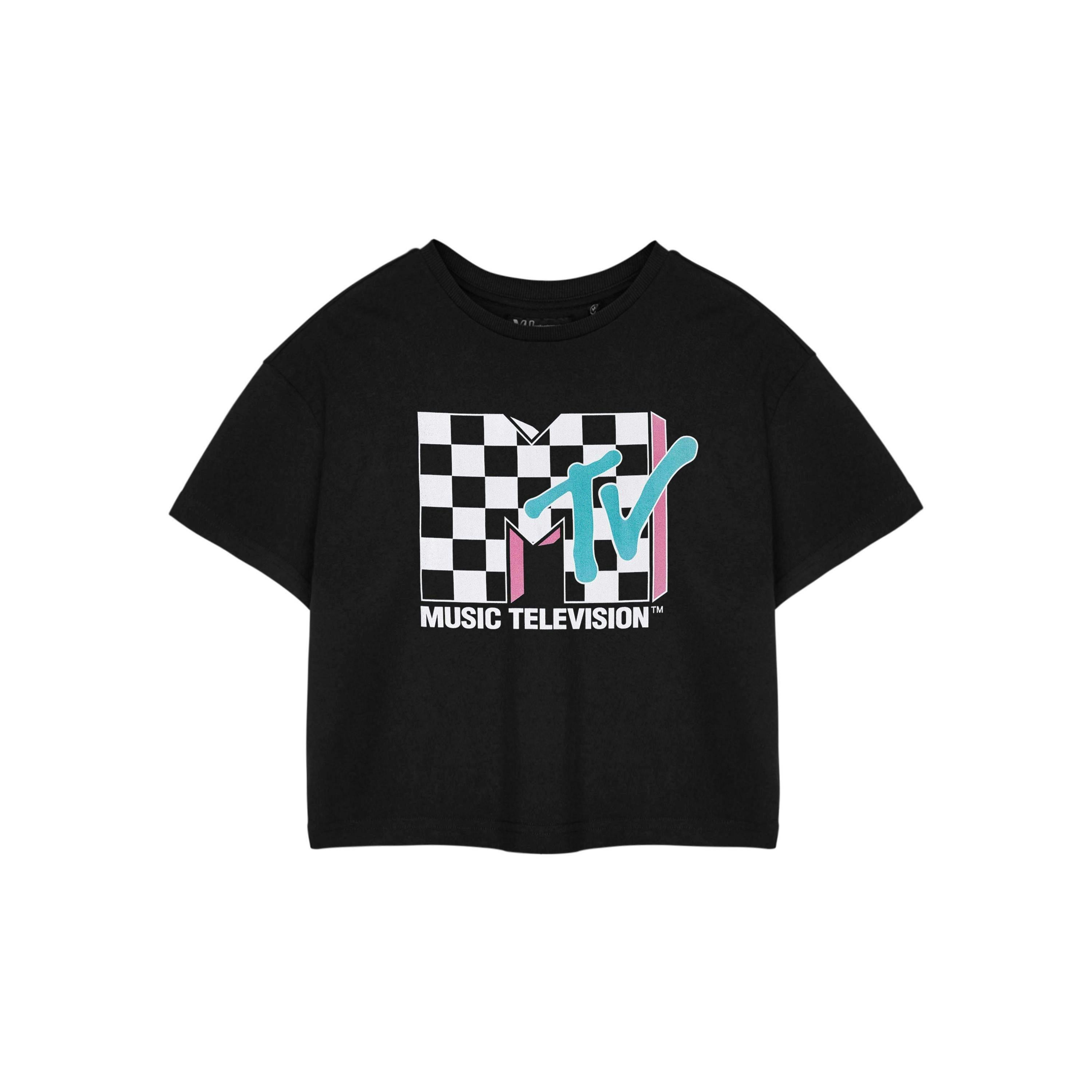 MTV Womens Black Checkerboard Logo Cropped Short Sleeved T-Shirt by Vanilla Underground , view 1 of 5