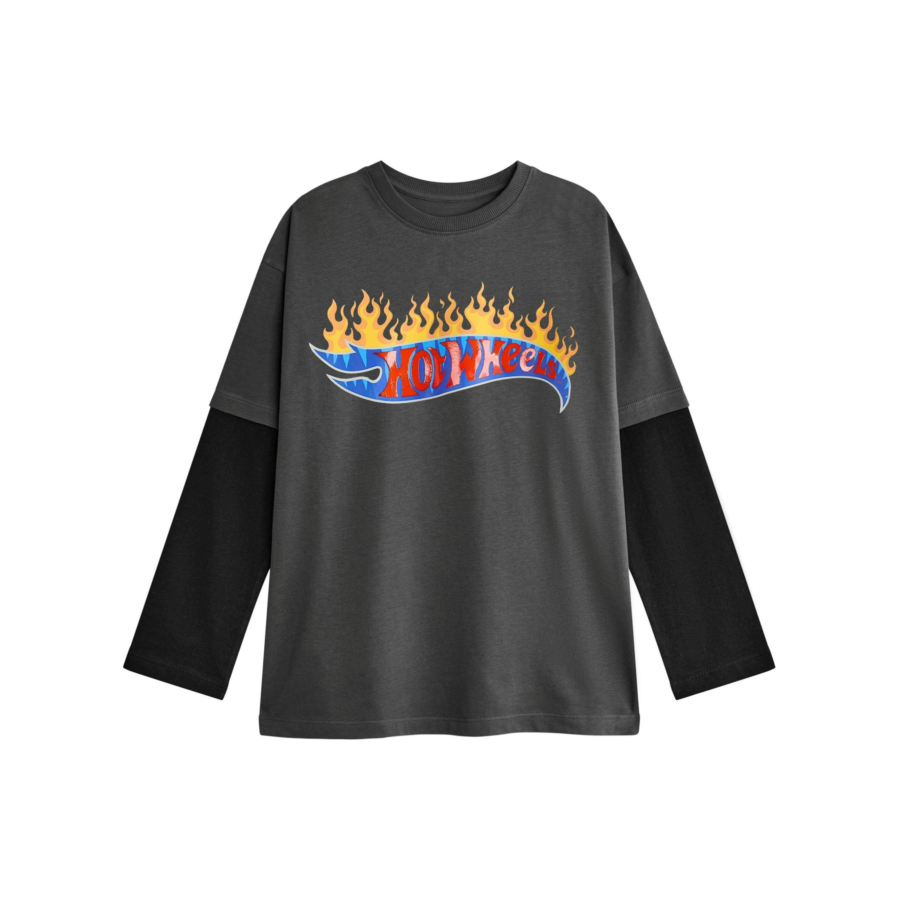 Hot Wheels Boys Grey Flame Logo Long Sleeved T-Shirt by Vanilla Underground , view 1 of 6